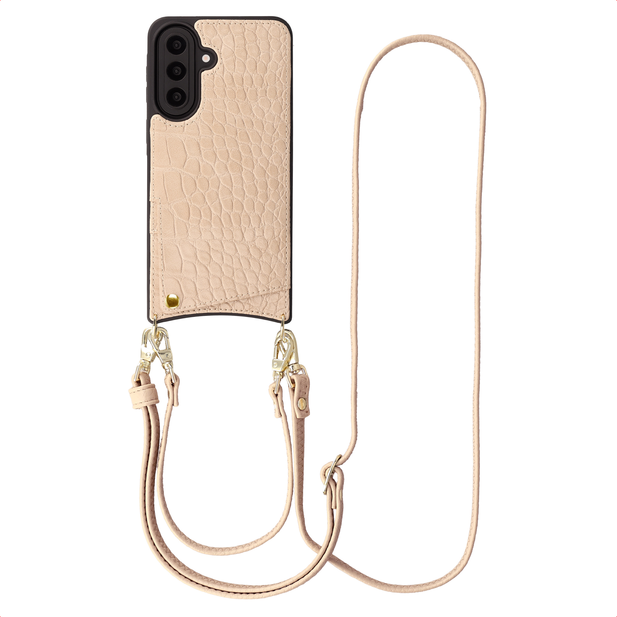 Una custodia per telefono beige in pelle con texture coccodrillo e laccetto.