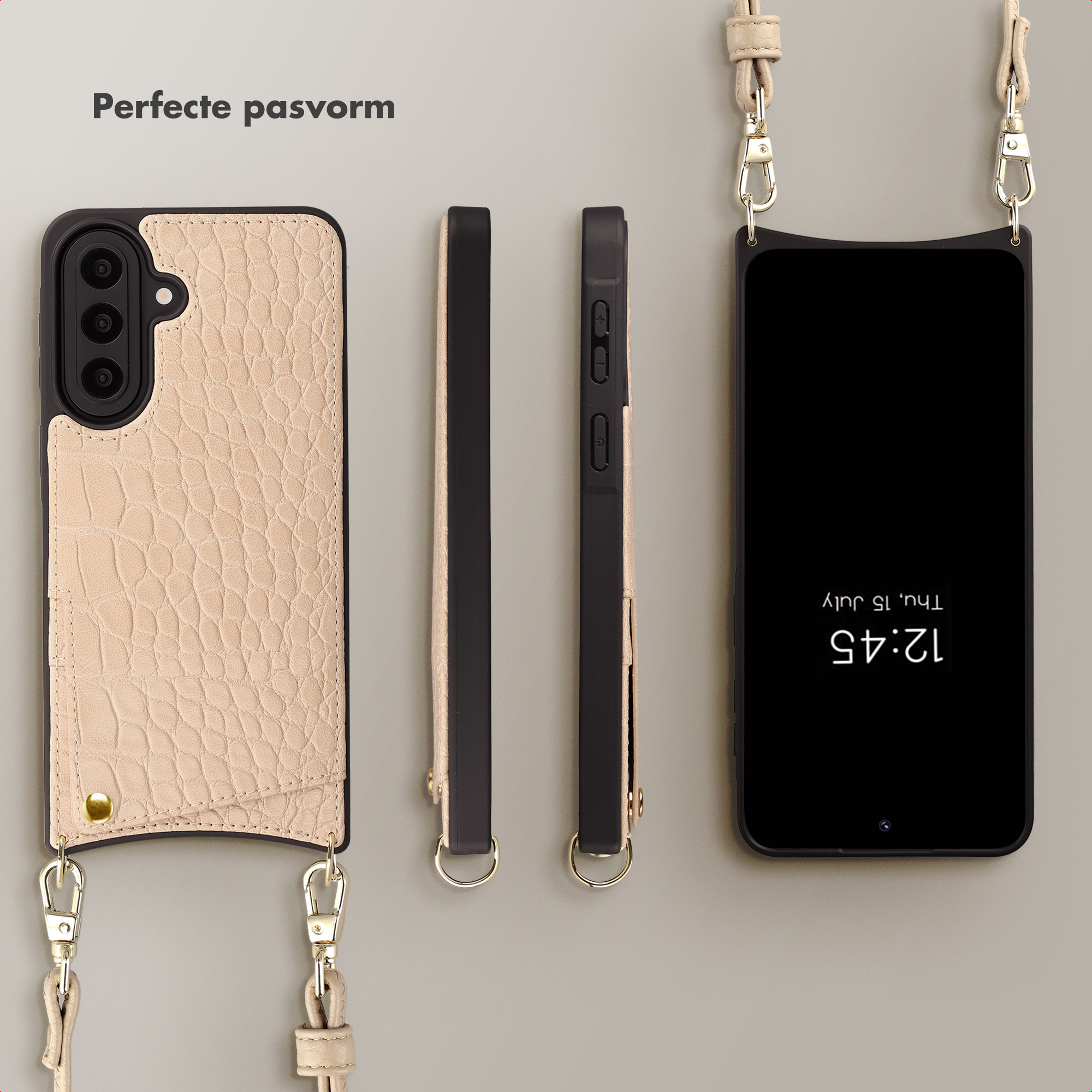 Una custodia per telefono beige con stampa coccodrillo e tracolla.