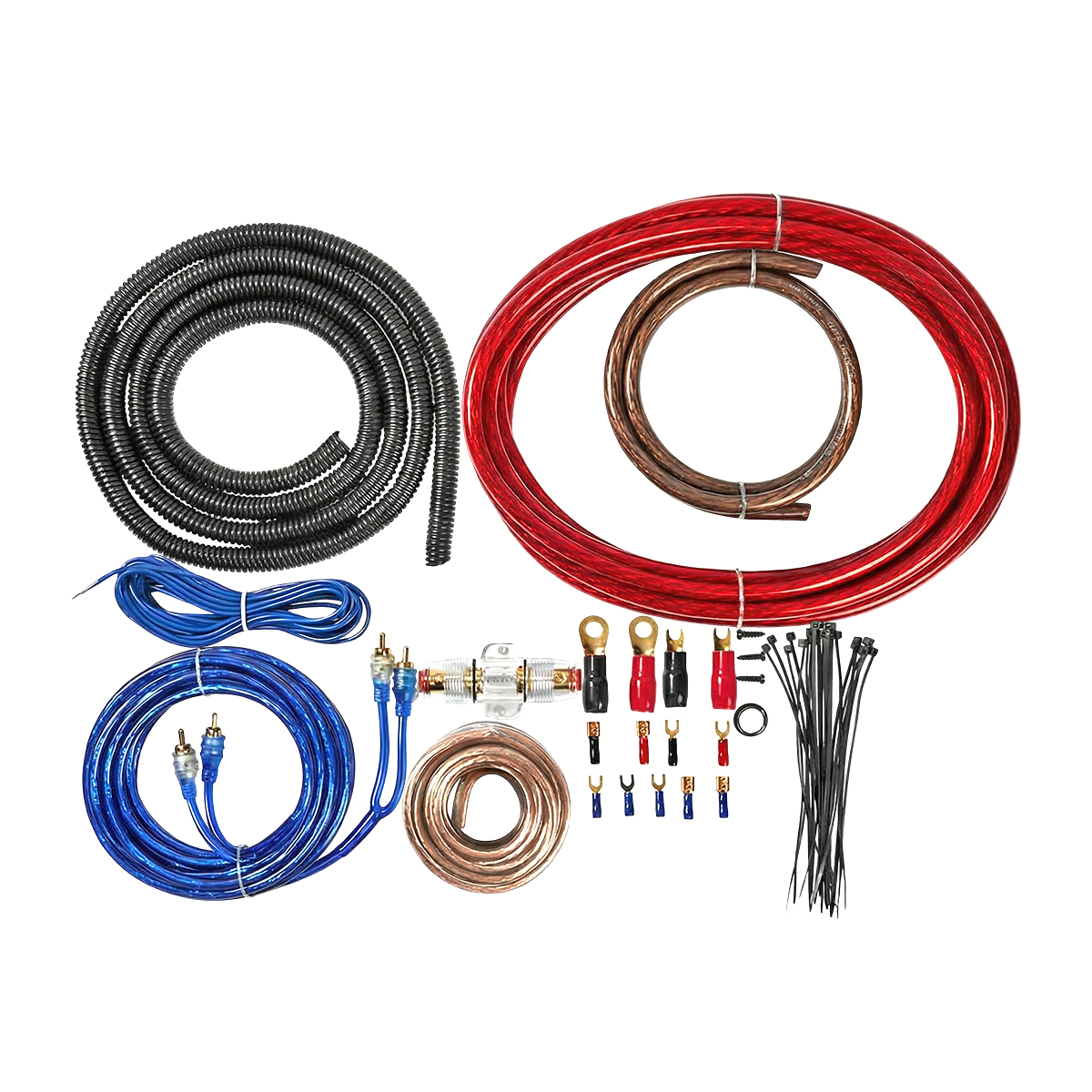 Ein Satz Autokabel mit schwarzem Schutzrohr, roten und braunen Kabeln, blauen Cinch-Kabeln und Zubehör.