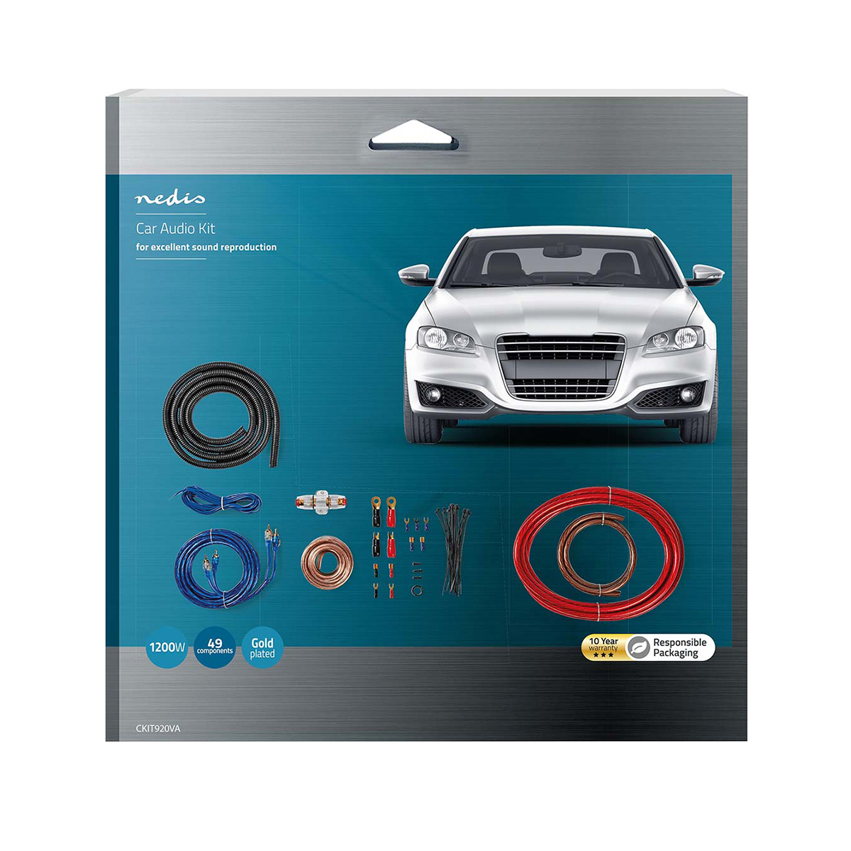 Nedis Auto-Audio-Kit mit silbernem Auto, Kabeln, Sicherungshalter und Zubehör.