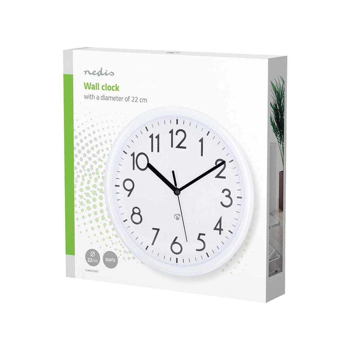 Eine weiße Wanduhr mit schwarzen Zeigern und Ziffern auf der Verpackung.