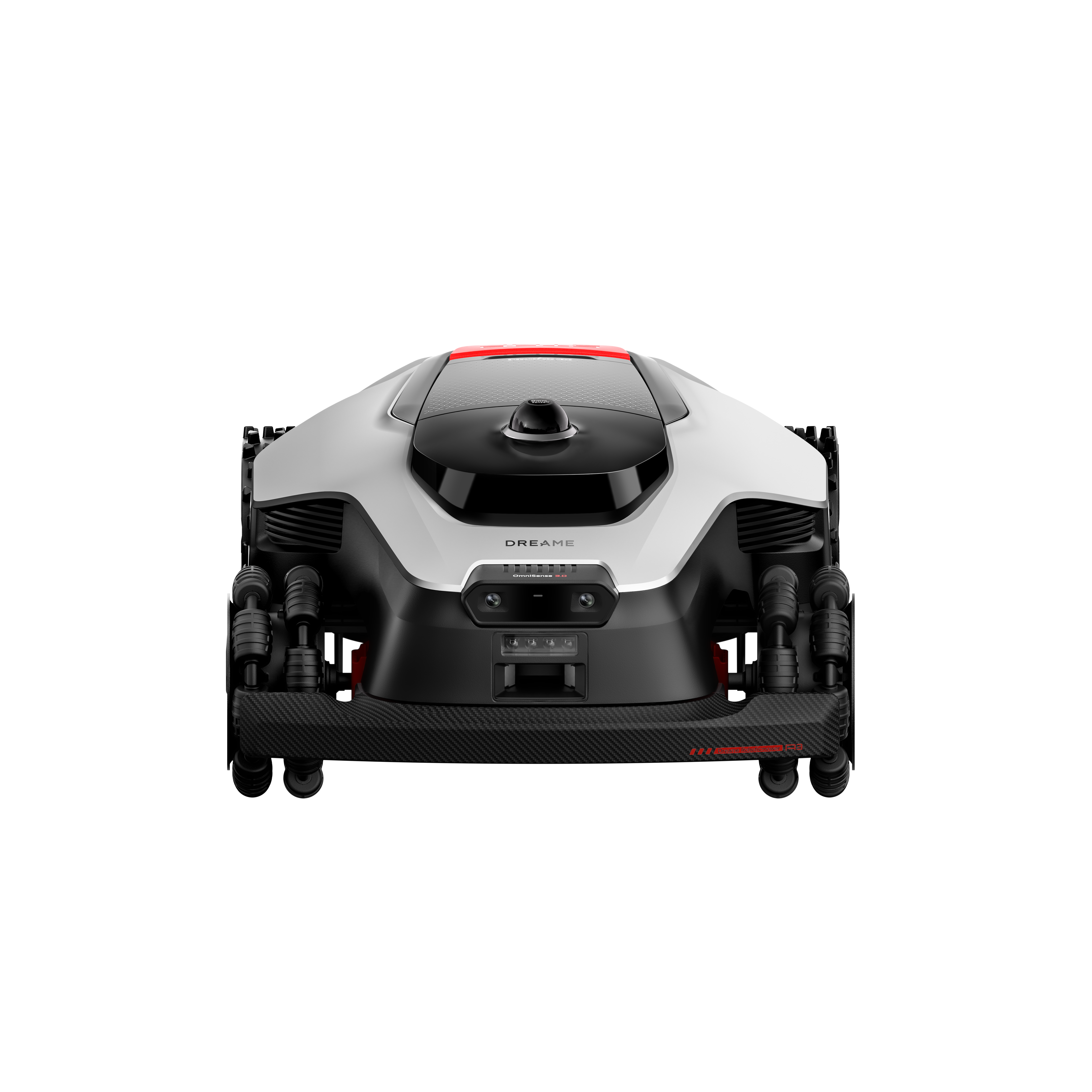 Biała kosiarka robotyczna z czarnymi kołami i czerwonym akcentem.