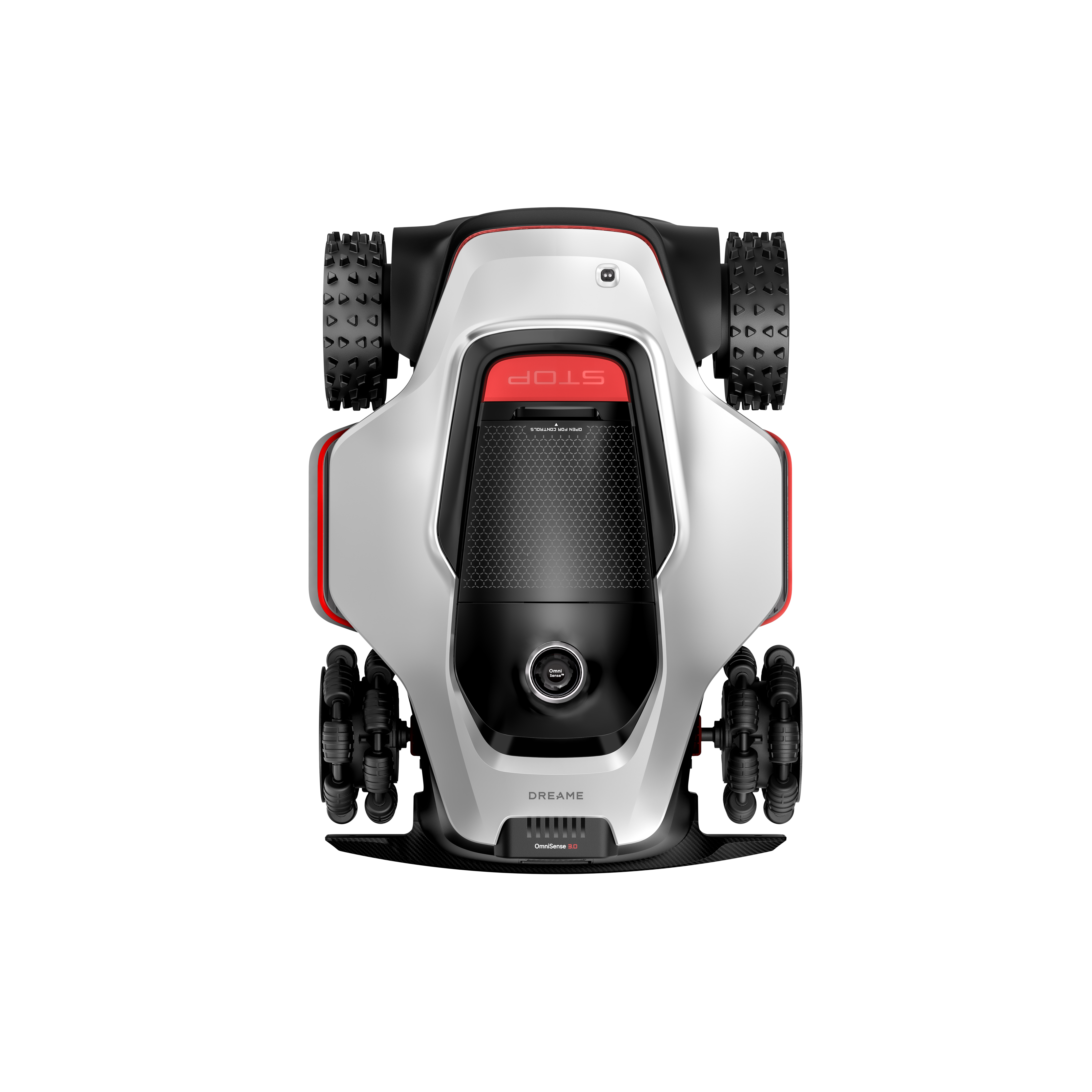 Biały robot koszący z czarno-czerwonymi akcentami na czarnym tle.