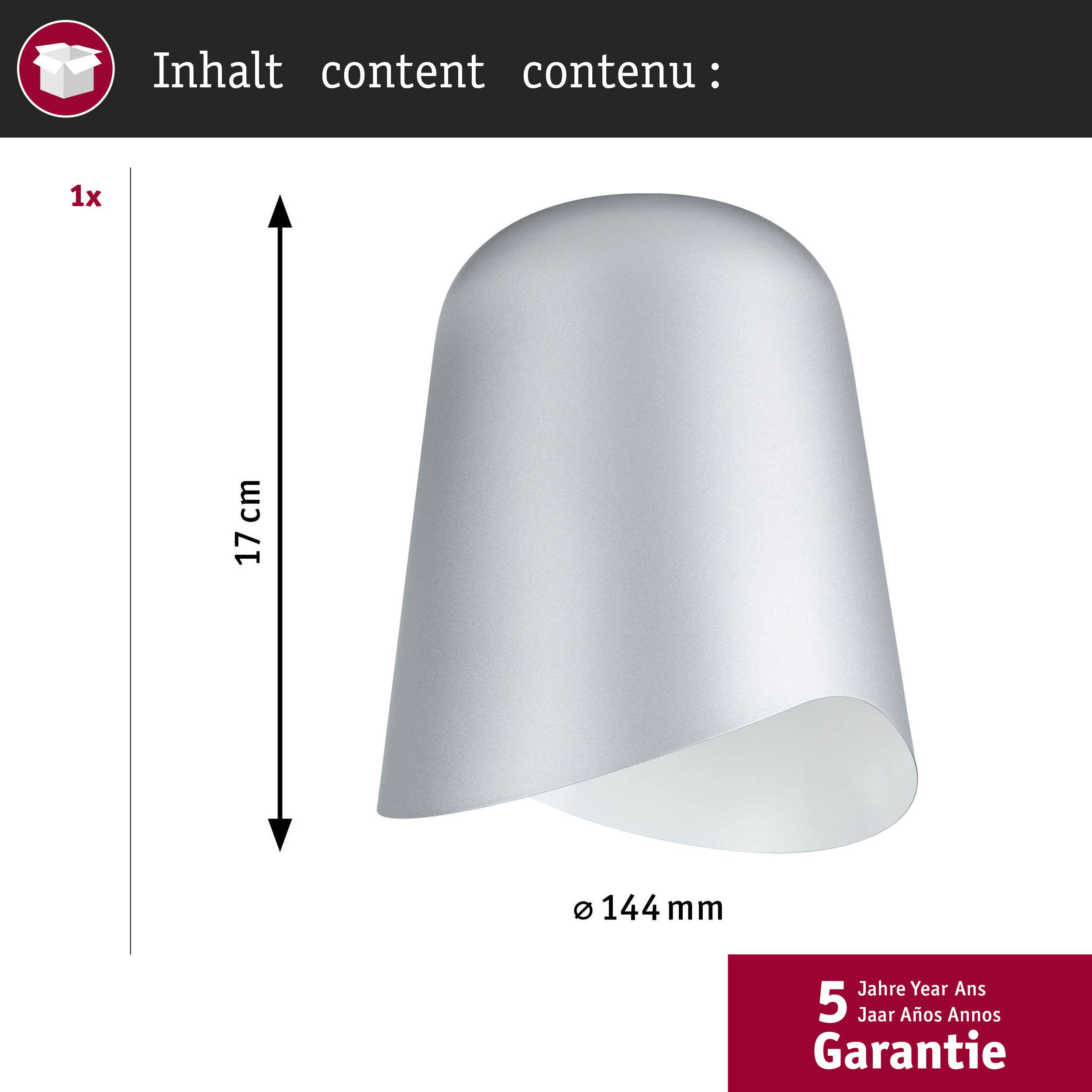 Silberne Lampe, Höhe 17 cm, Durchmesser 144 mm, 5 Jahre Garantie.