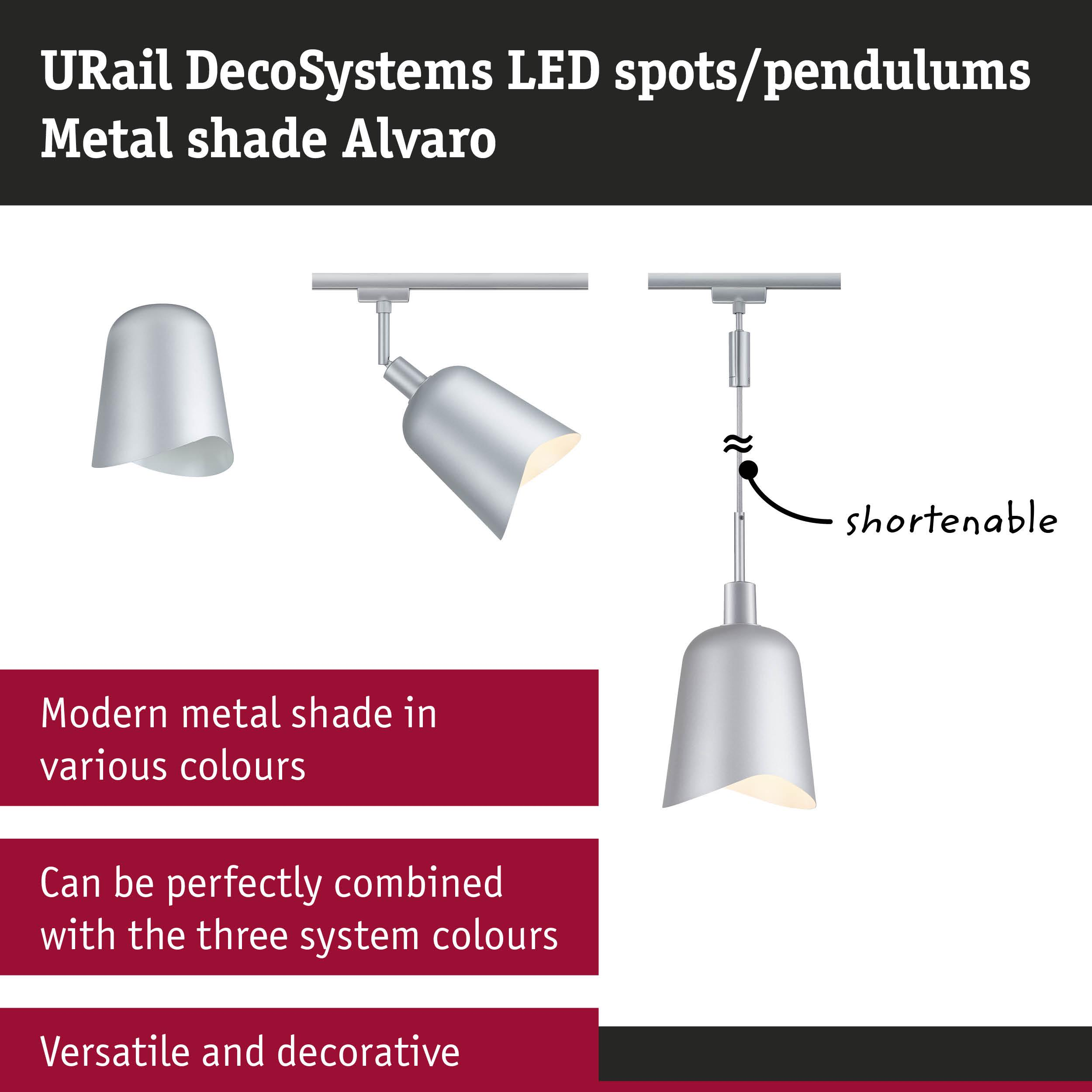 Silberne Metallschirme für URail-System: Spots, Pendel, kürzbar.