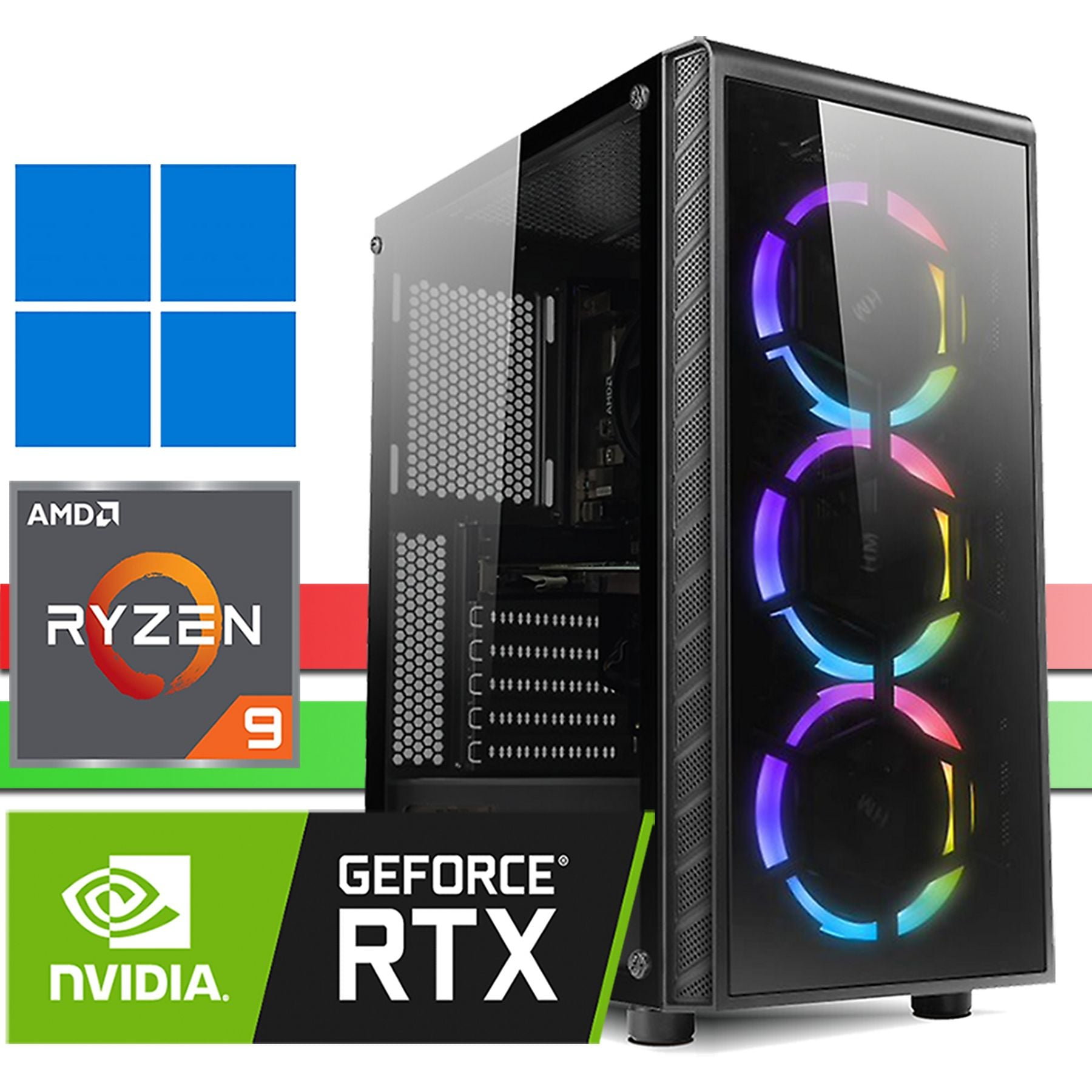 Ein PC-Gehäuse mit RGB-Lüftern, AMD Ryzen 9 und NVIDIA RTX Logos.