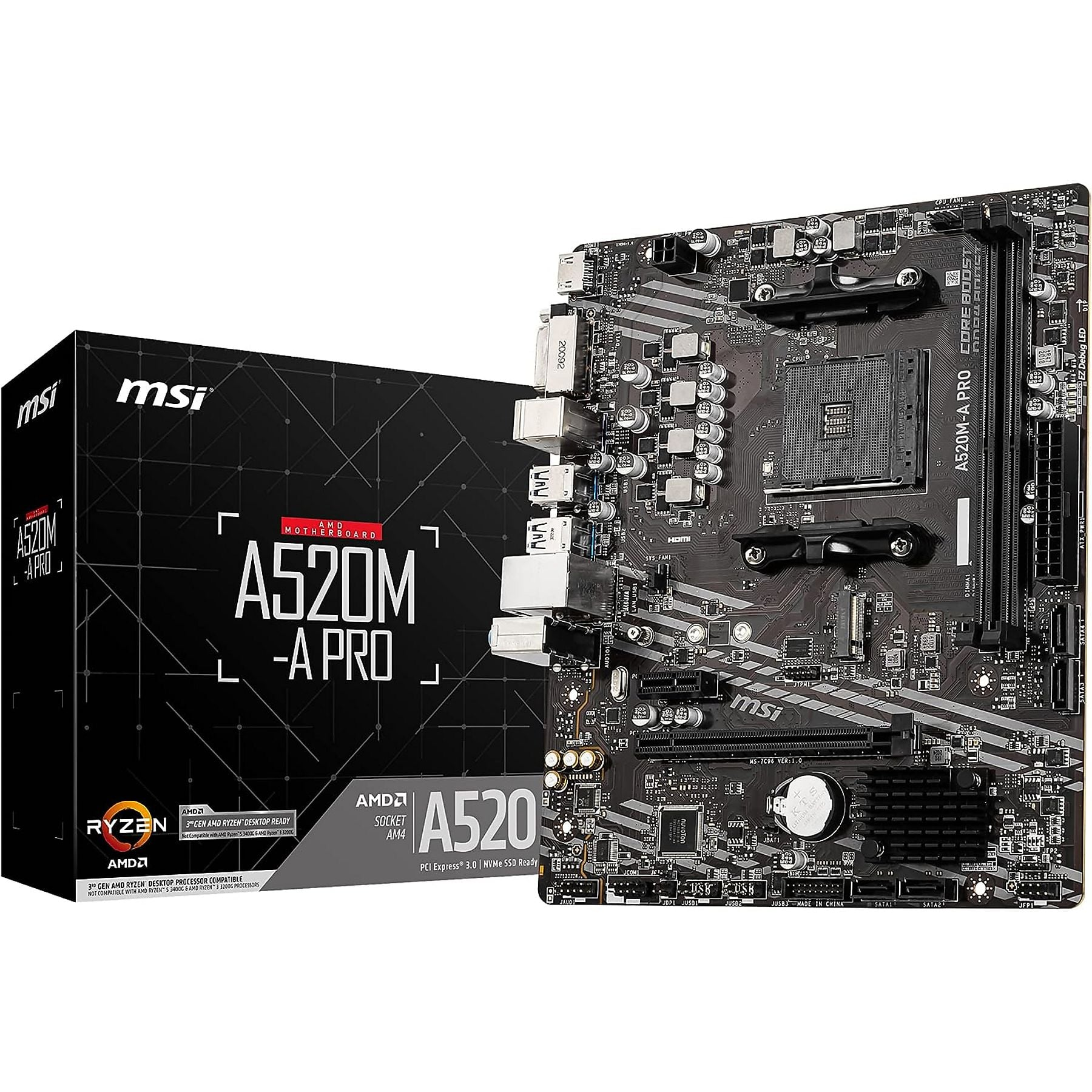 MSI A520M-A PRO Motherboard mit AMD Ryzen CPU-Sockel und Anschlüssen.