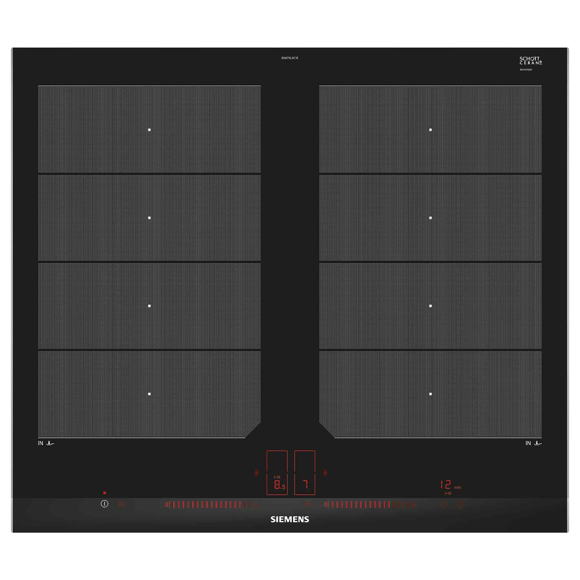 Czarna płyta indukcyjna z czterema strefami gotowania i cyfrowymi kontrolkami.