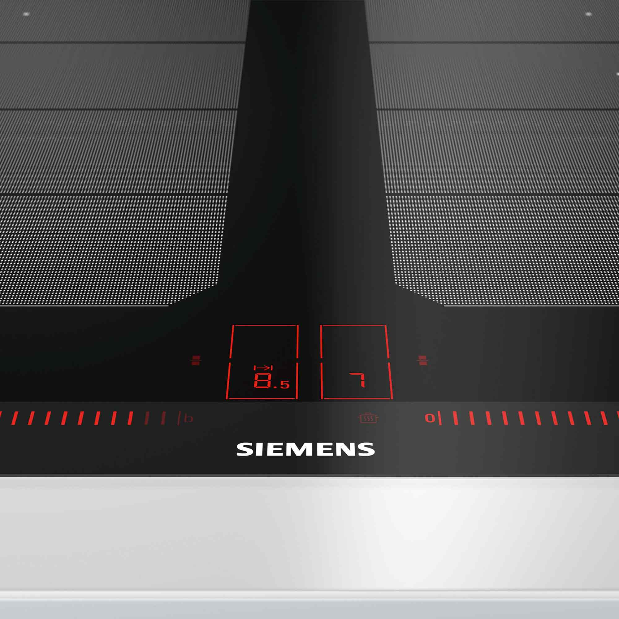 Płyta indukcyjna Siemens z czerwonymi wyświetlaczami cyfrowymi.