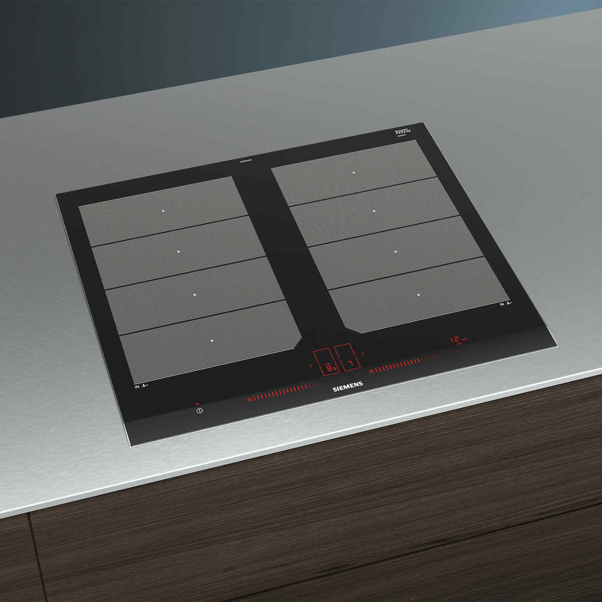 Czarna płyta indukcyjna Siemens z czterema strefami gotowania na blacie.