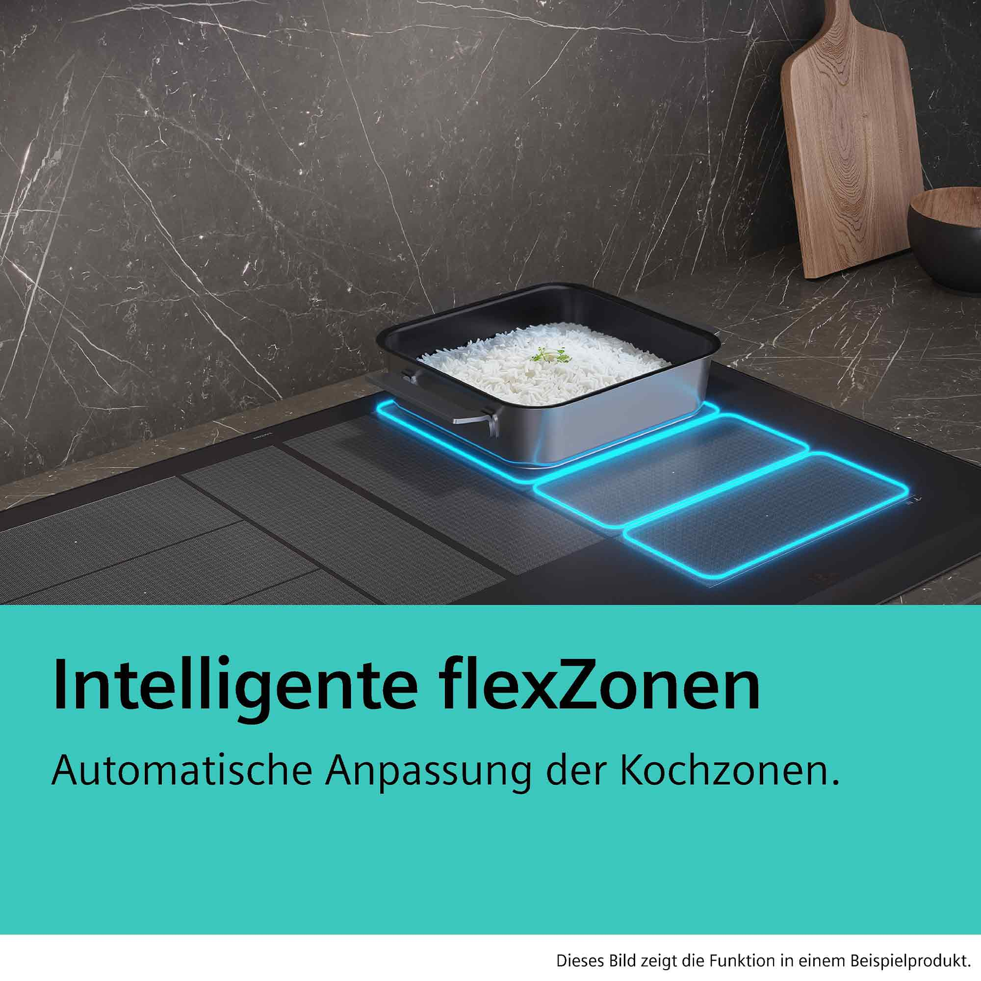 Garnek z ryżem stoi na płycie indukcyjnej z podświetlanymi strefami.