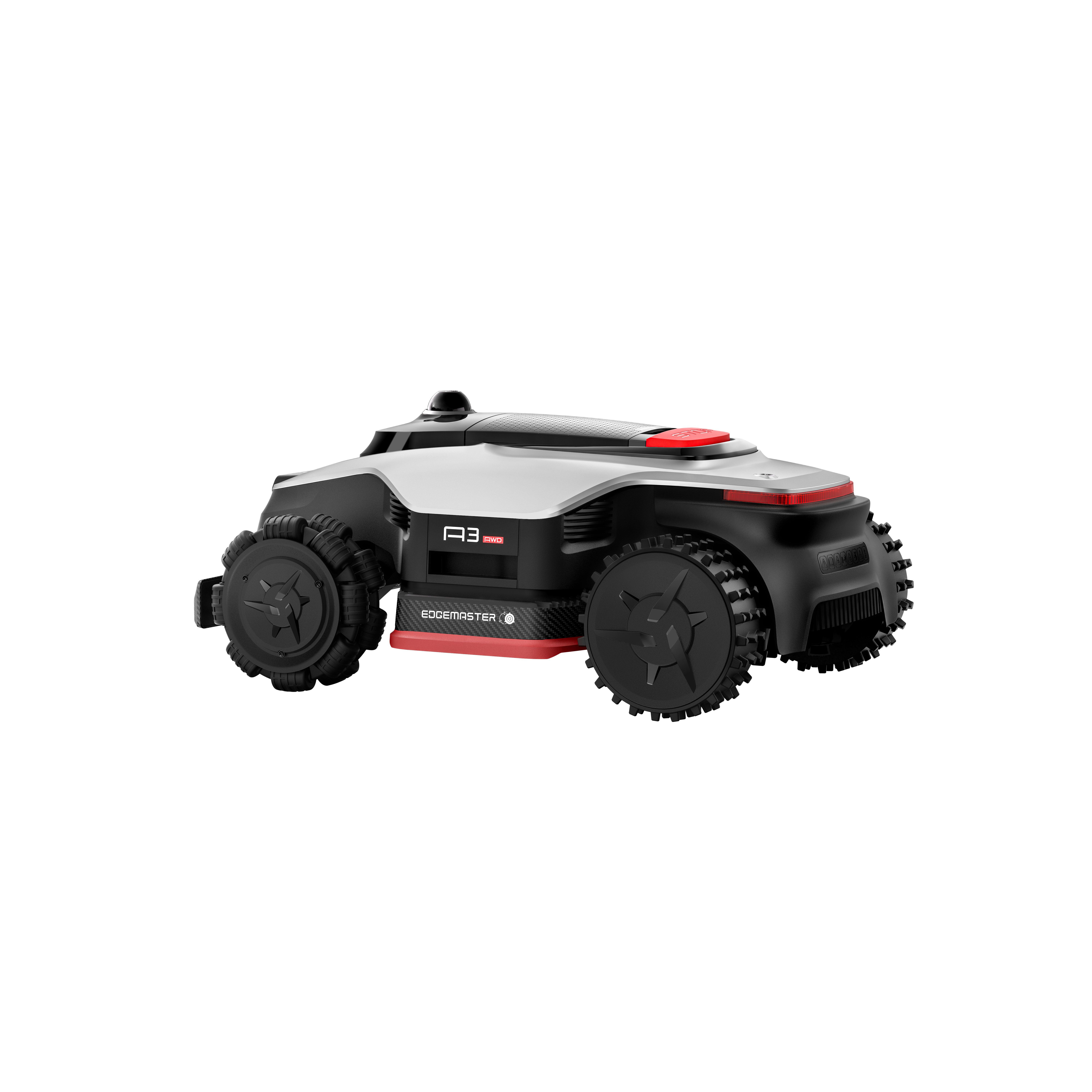 Nowoczesny, biało-czarny robot koszący z czerwonymi akcentami stoi na czarnym tle.