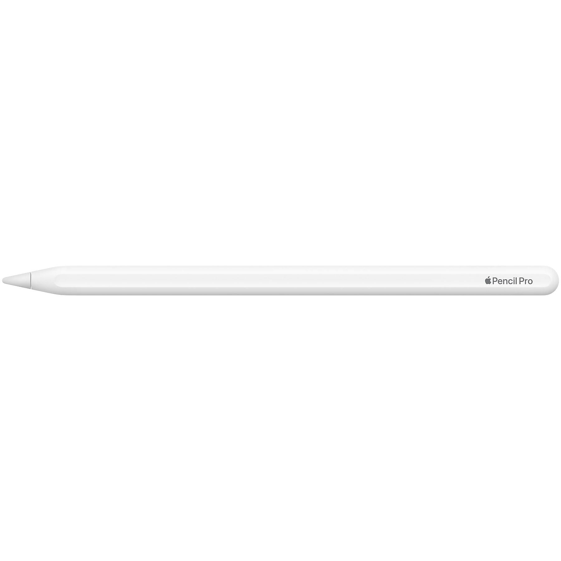 Ein weißer Apple Pencil Pro liegt horizontal auf weißem Grund.