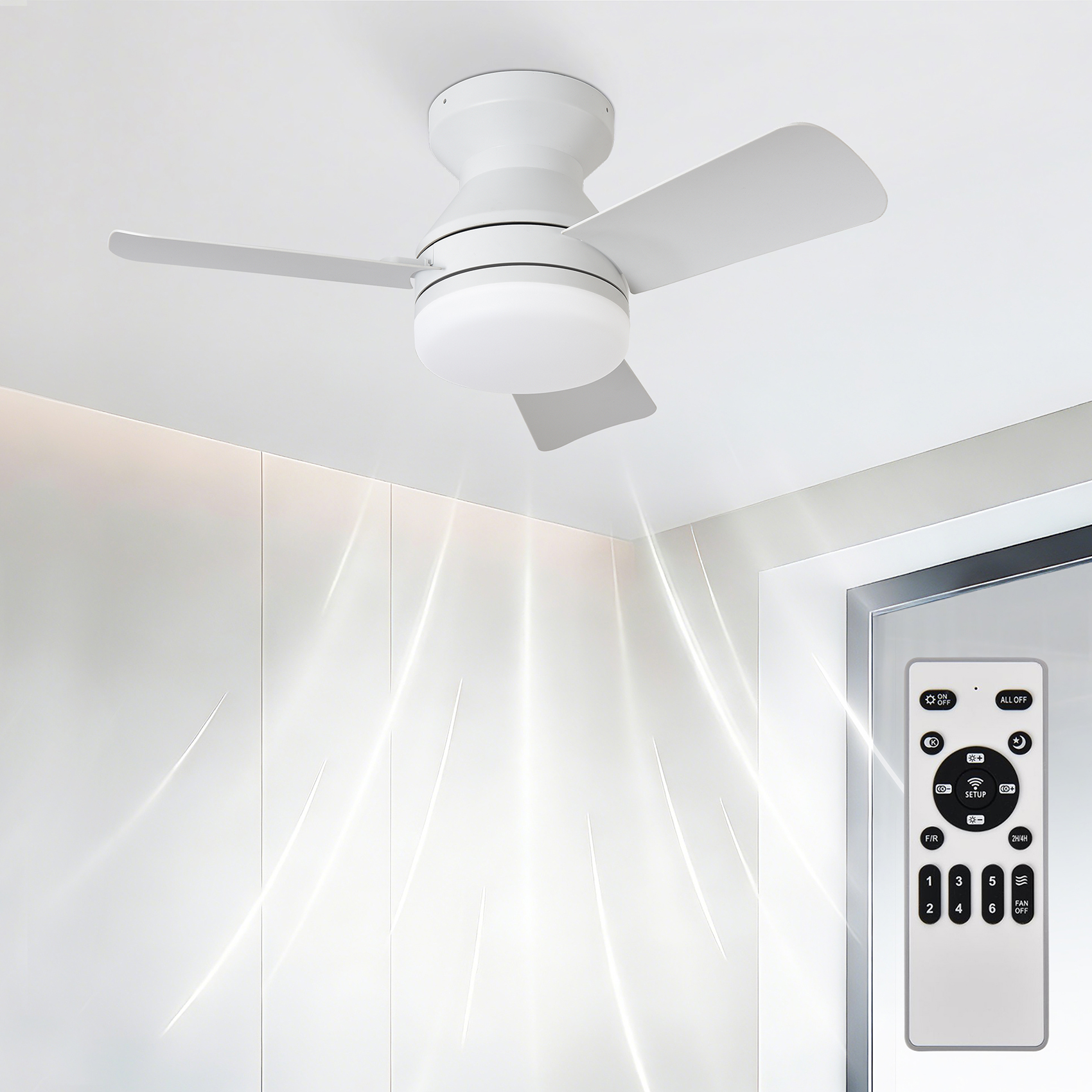 Una lámpara de ventilador de techo blanca con mando a distancia delante.