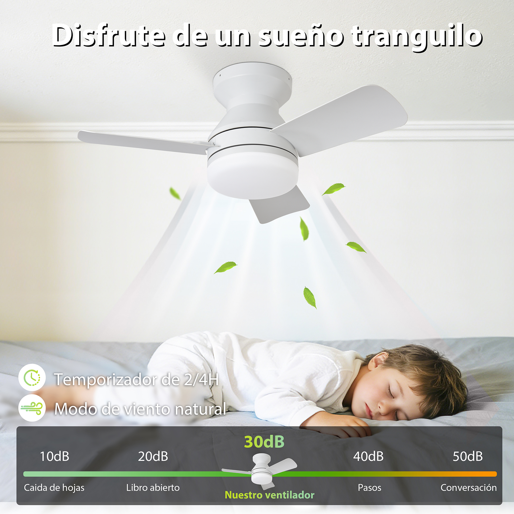 Ventilador de techo blanco sobre un niño durmiendo. Hojas flotando.