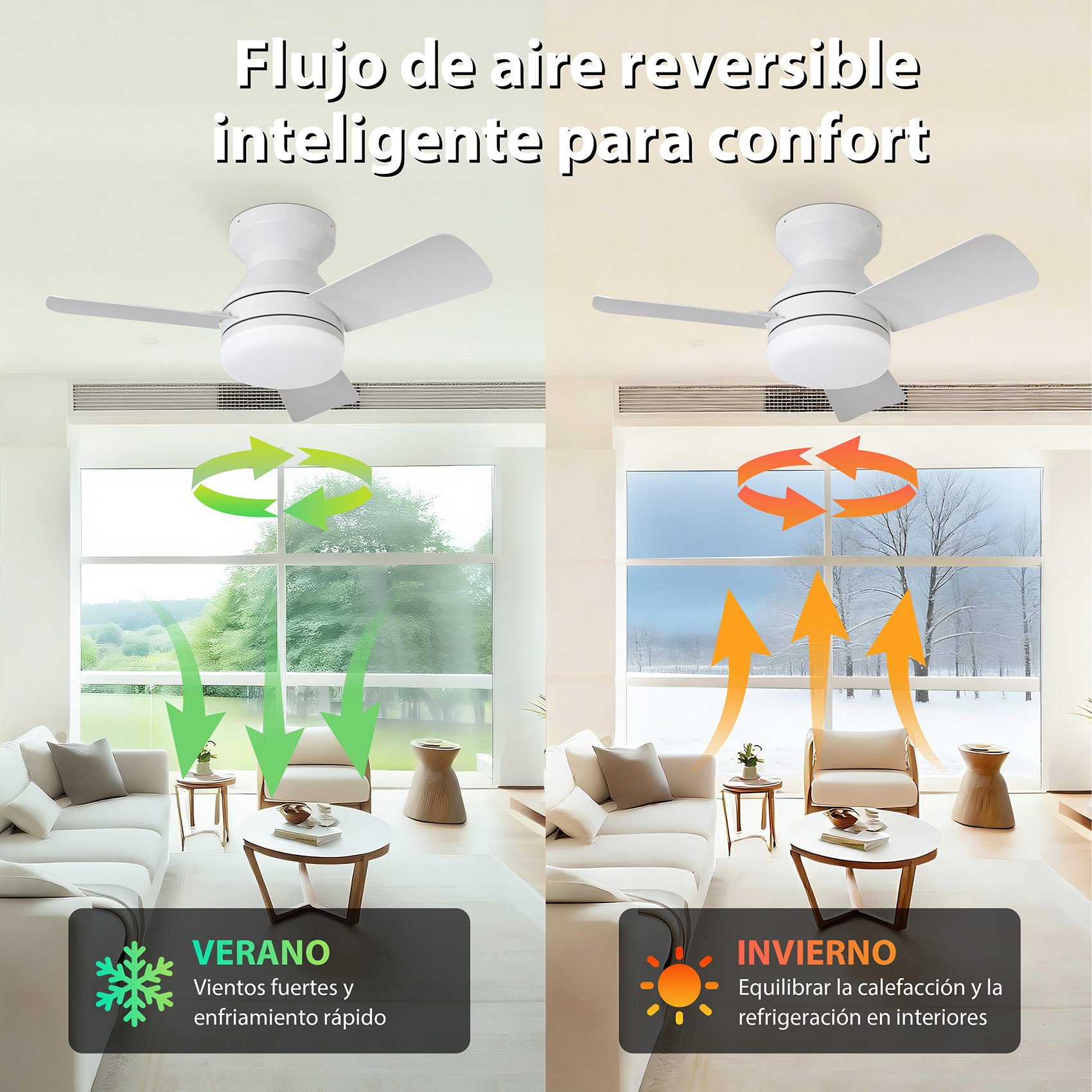 Ventilador de techo en modo verano e invierno con flechas de aire.