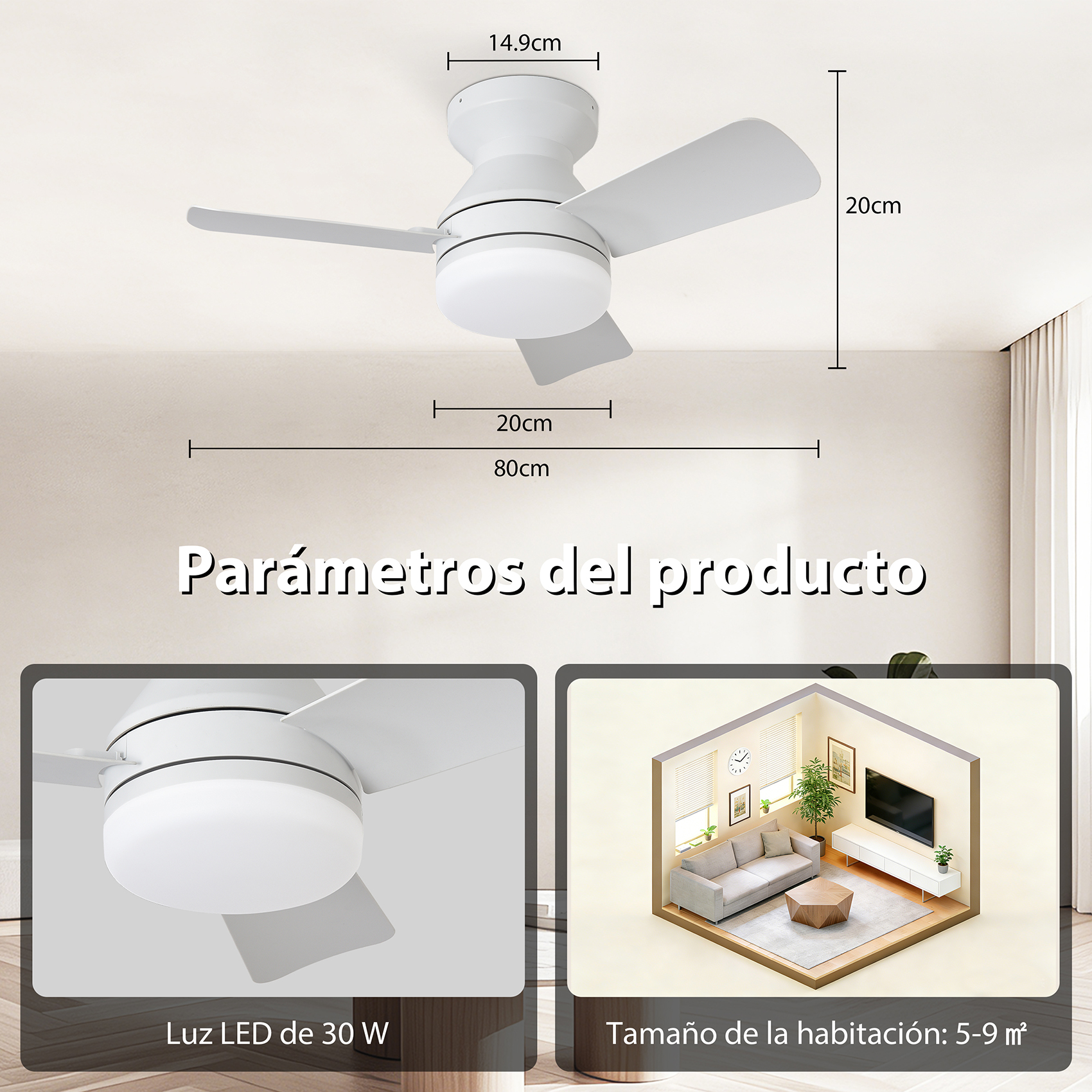 Ventilador de techo blanco con luz, dimensiones mostradas. Tamaño sala 5-9 m².