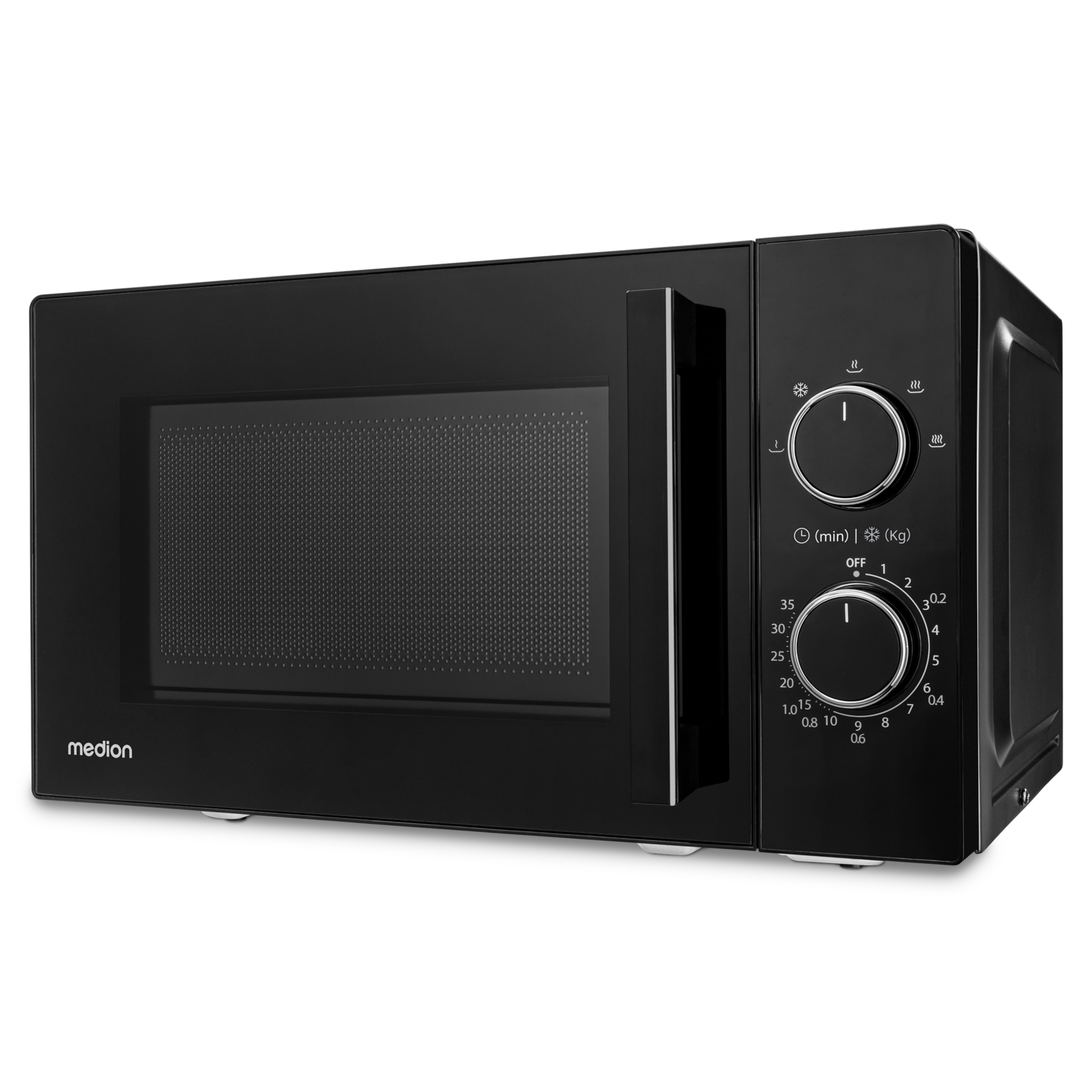 Forno a microonde Medion nero con manopole per tempo e peso.
