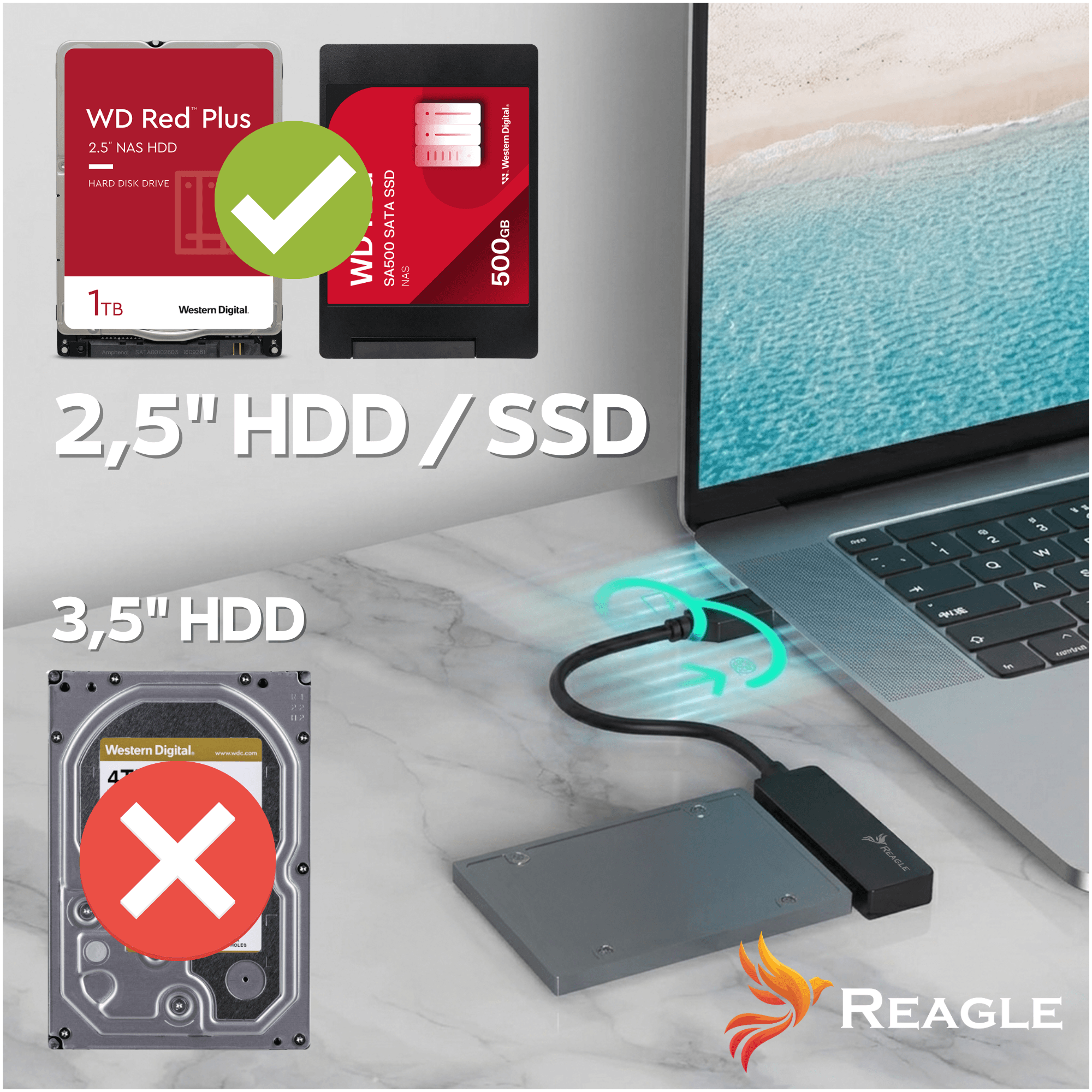 WD Red Plus 1TB 2.5" HDD y SSD de 500GB junto a un portátil.