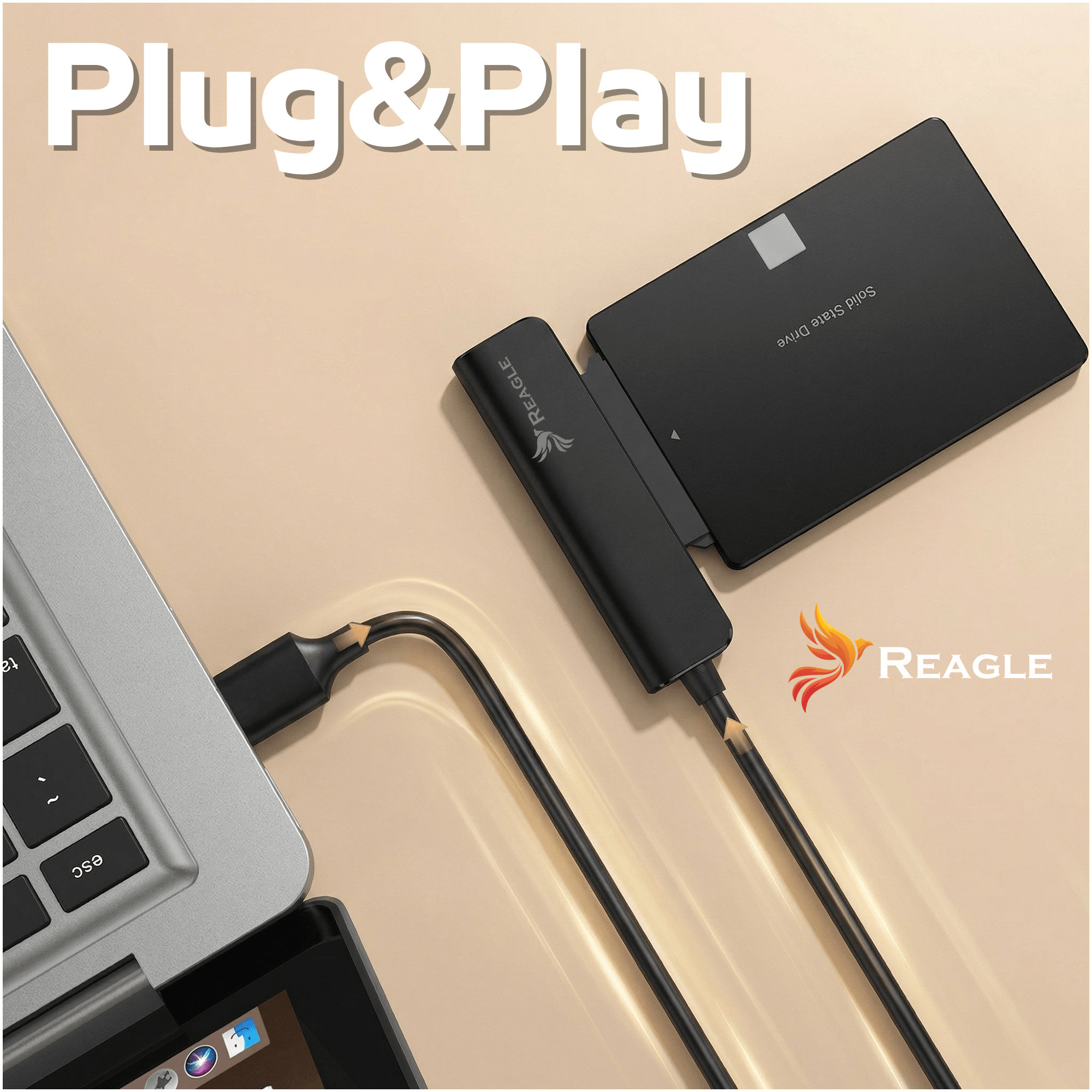 Un disco de estado sólido negro se conecta a un portátil. Texto: Plug&Play.