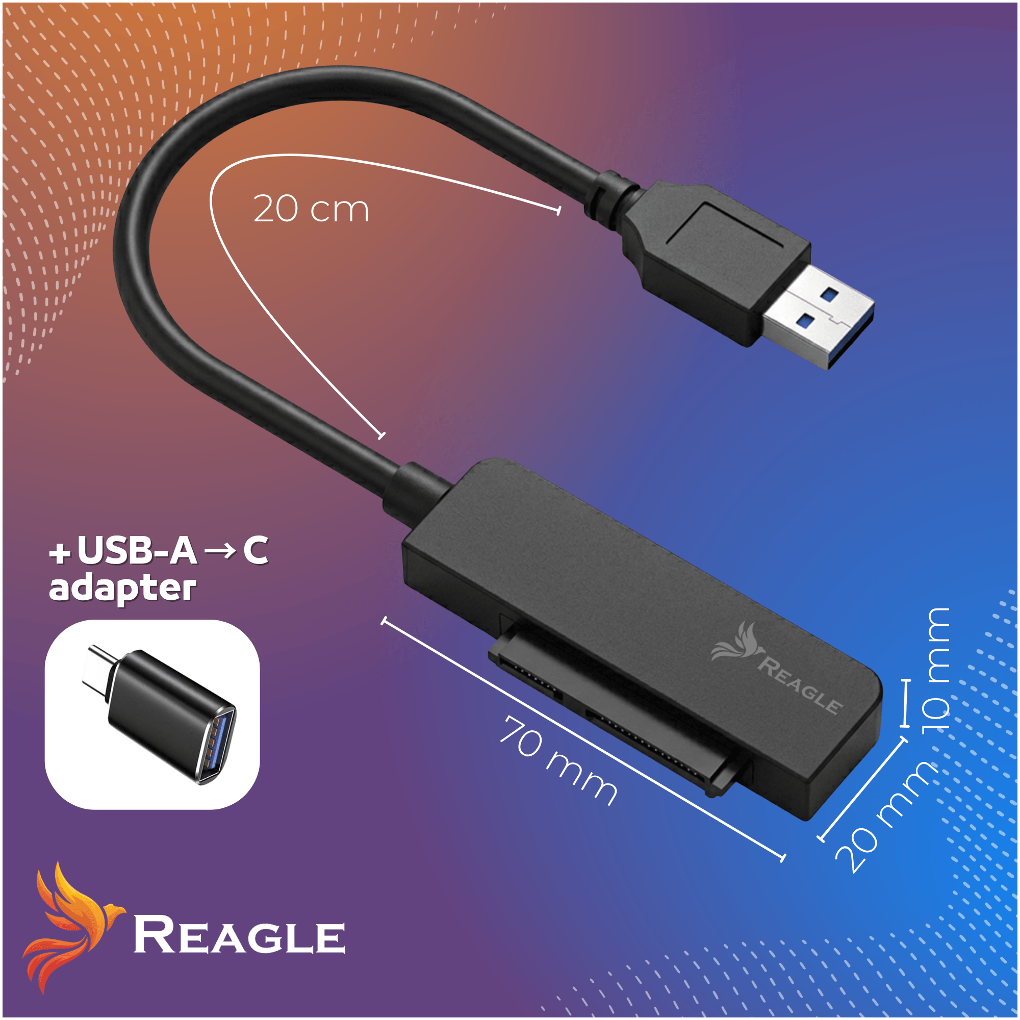 Un adaptador USB-A a SATA negro con cable de 20 cm y adaptador USB-C.