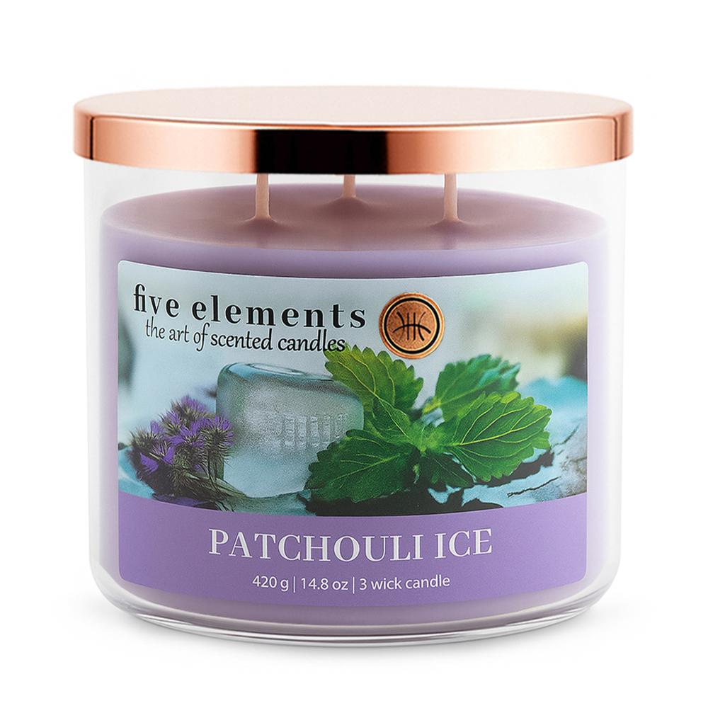 Lavendelfarbene Kerze im Glas mit roséfarbenem Deckel. Patchouli Ice.