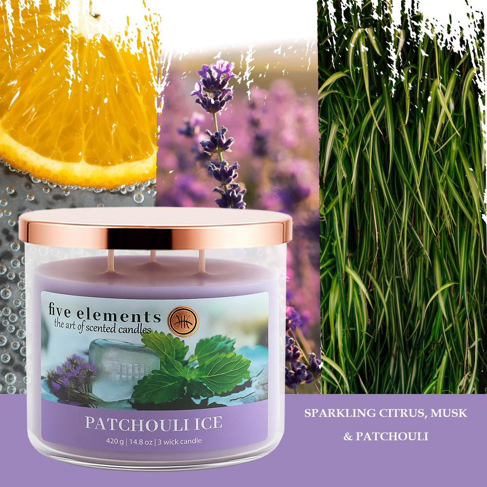 Ein Duftkerze mit Lavendel, Orange und Gras. "Patchouli Ice".
