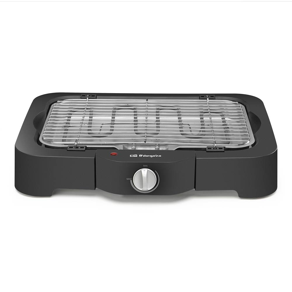 Parrilla eléctrica negra con rejilla metálica y mando de control de temperatura.