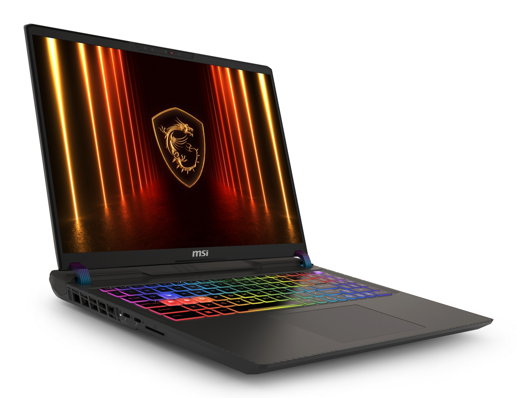 Laptop nero con tastiera retroilluminata arcobaleno e logo drago MSI sullo schermo.
