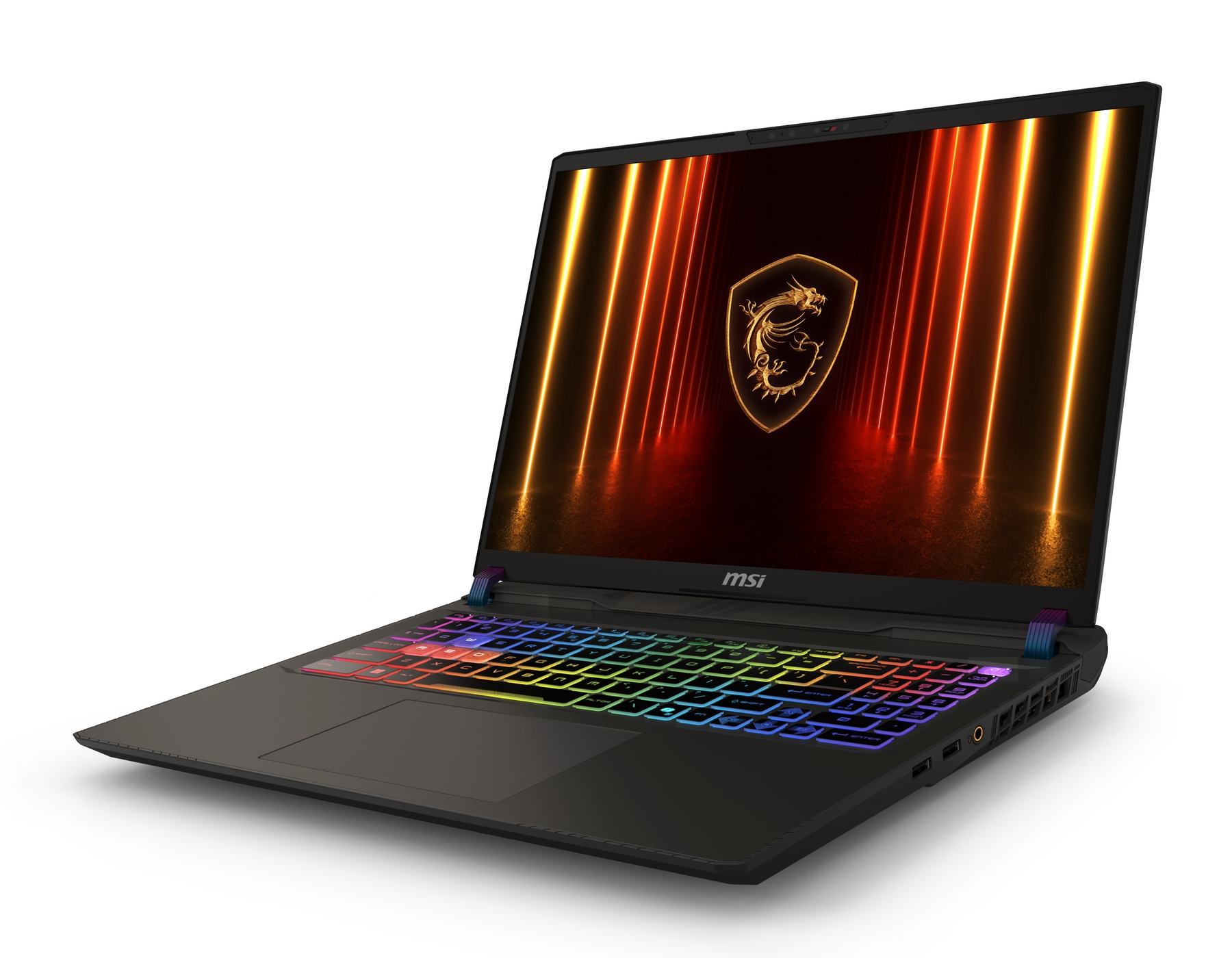 Un laptop MSI nero con tastiera retroilluminata colorata e logo di drago sullo schermo.
