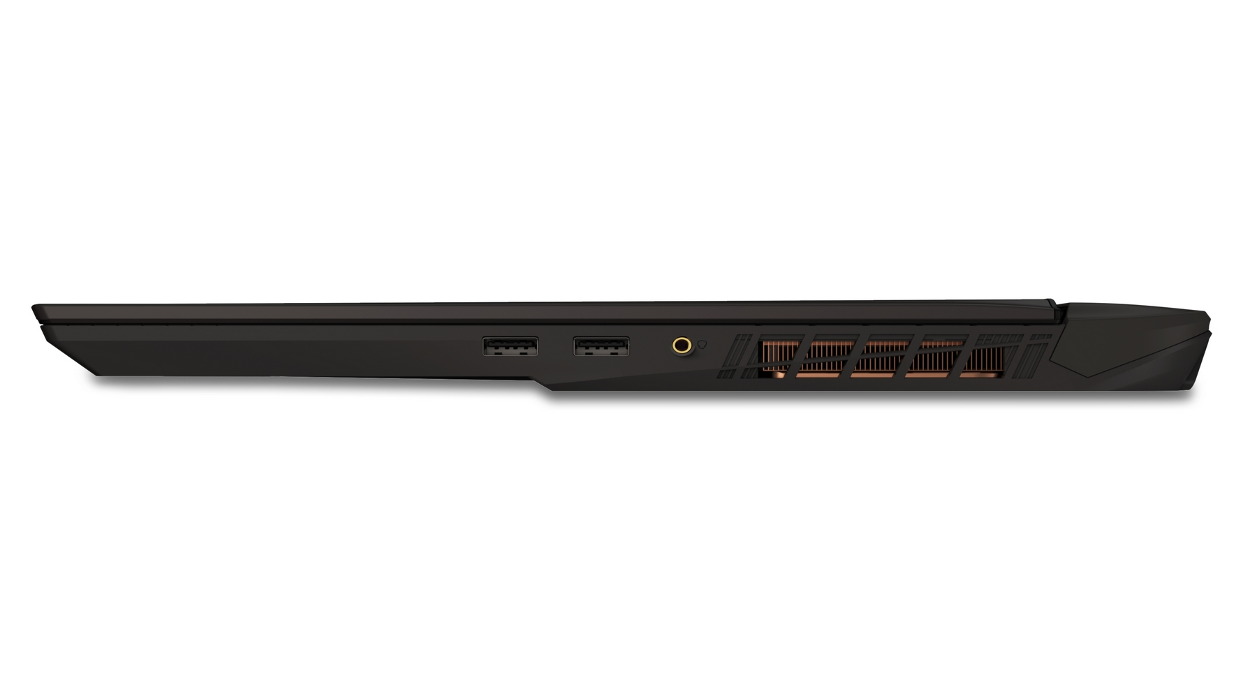 Lato del laptop nero con porte USB, jack audio e griglie di ventilazione.