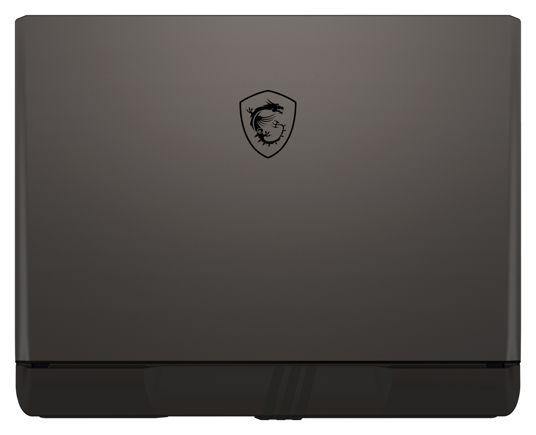 Un coperchio di laptop grigio scuro con un emblema di drago nero al centro, con una base grigio scuro su sfondo bianco.