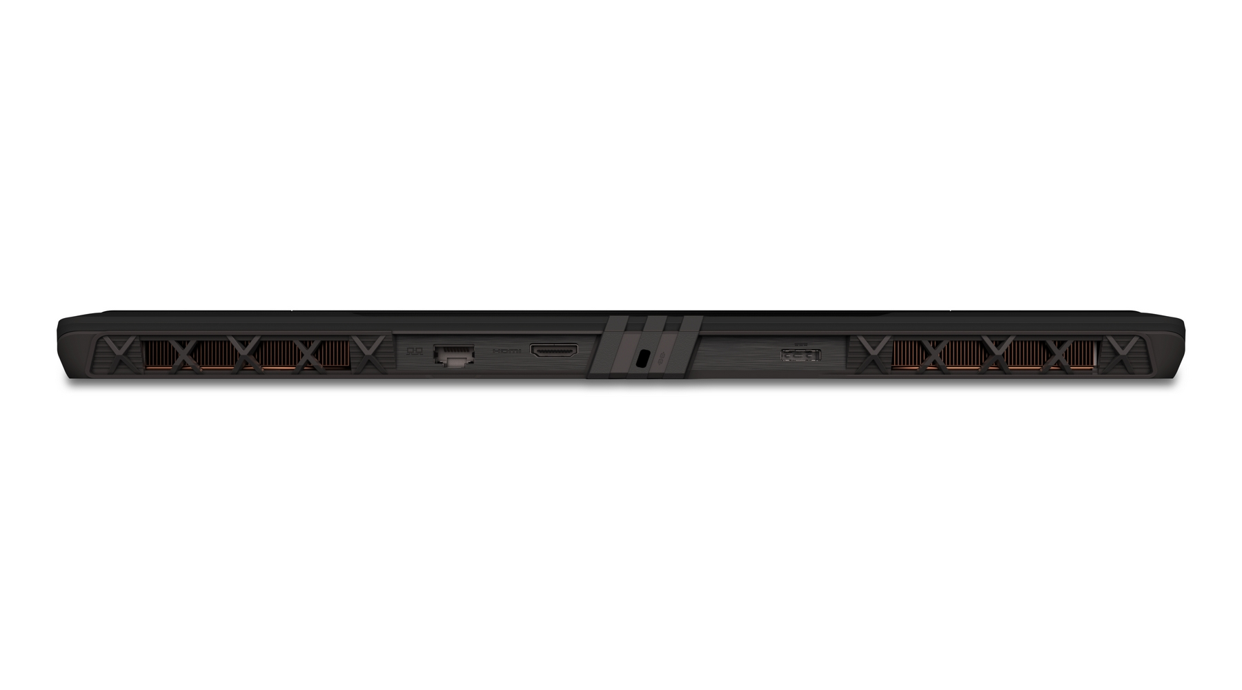 Laptop nero con prese d'aria e porte come HDMI.