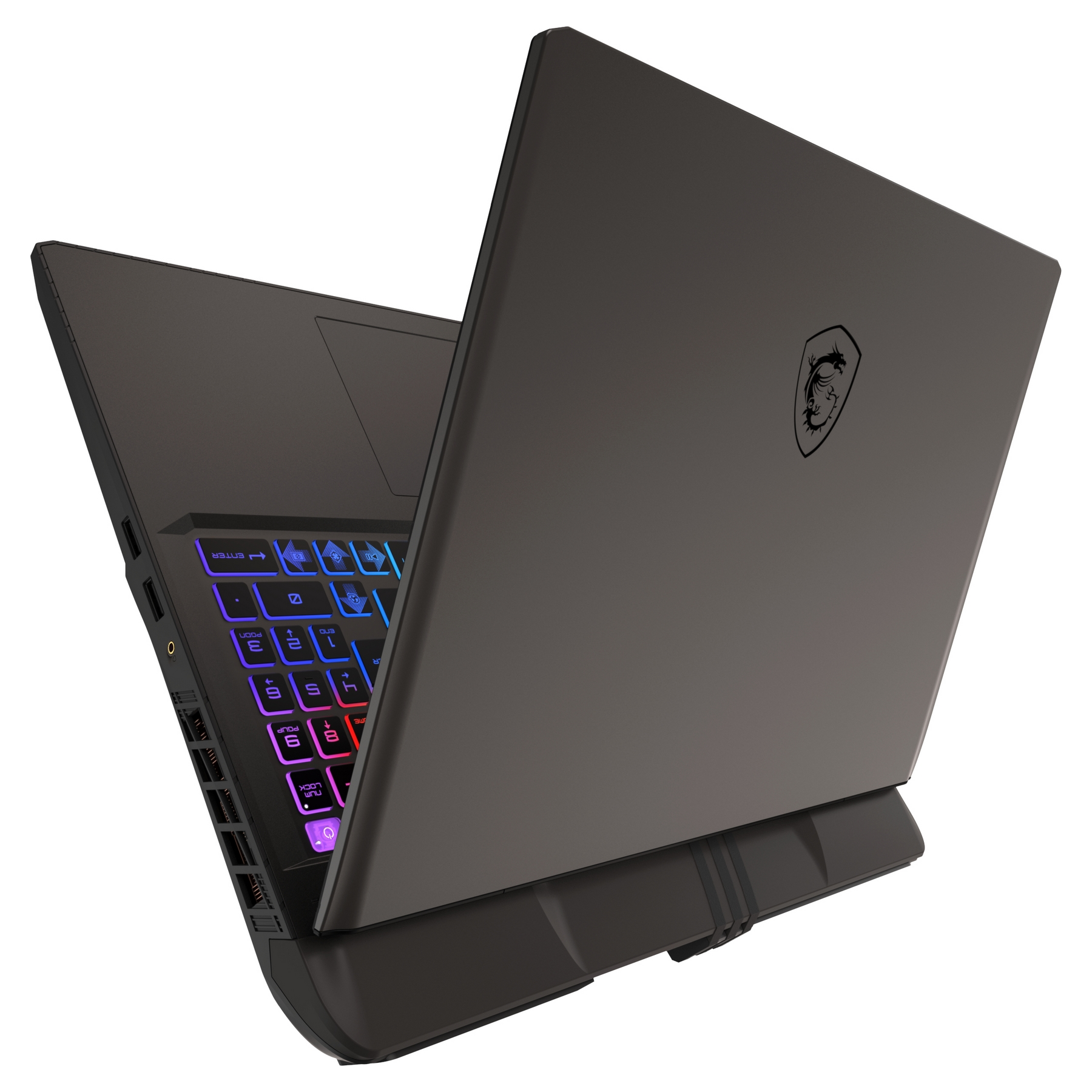 Un laptop scuro con tastiera retroilluminata e logo MSI.