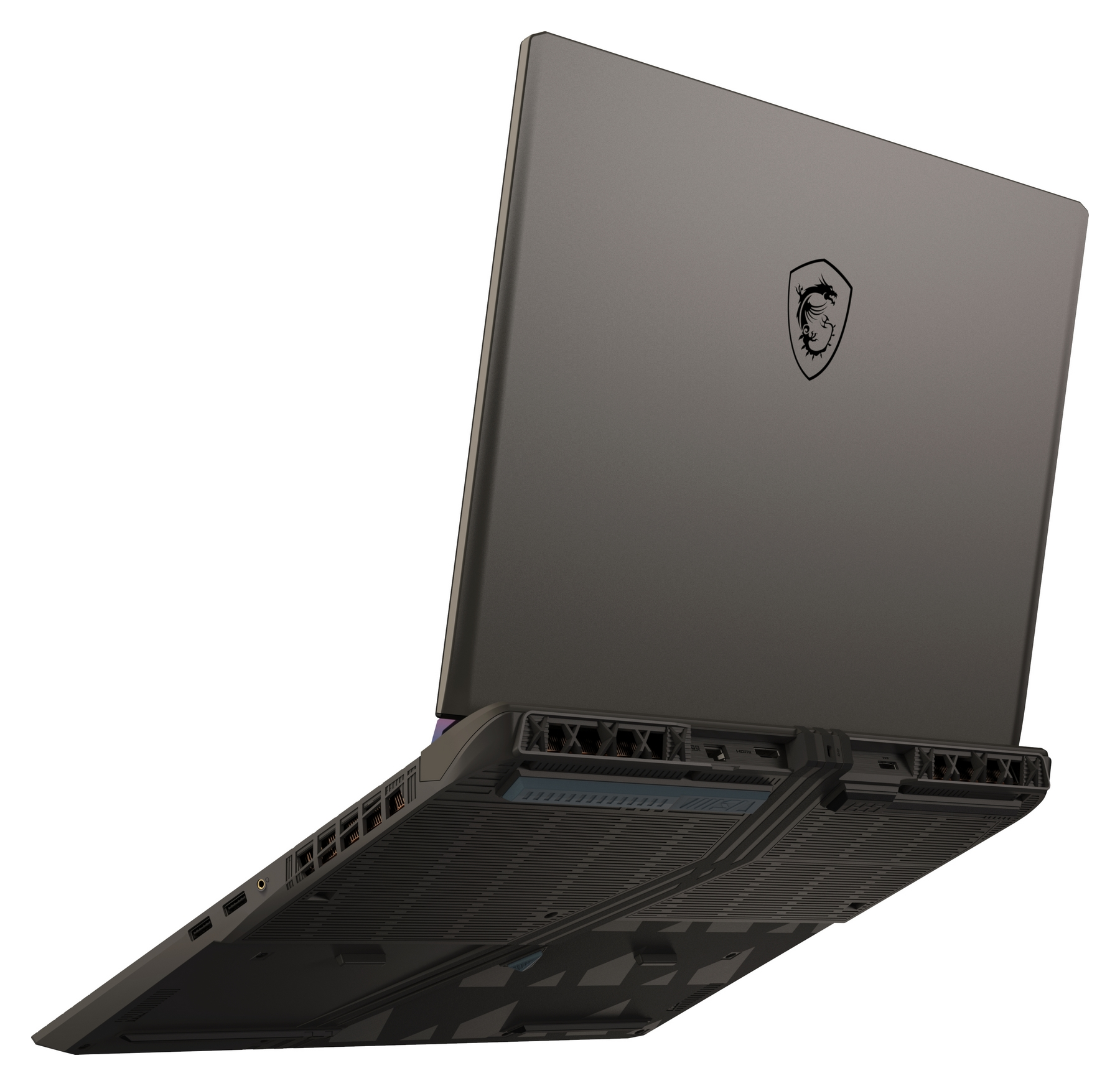 Un laptop gaming MSI scuro con schermo aperto e logo argentato.