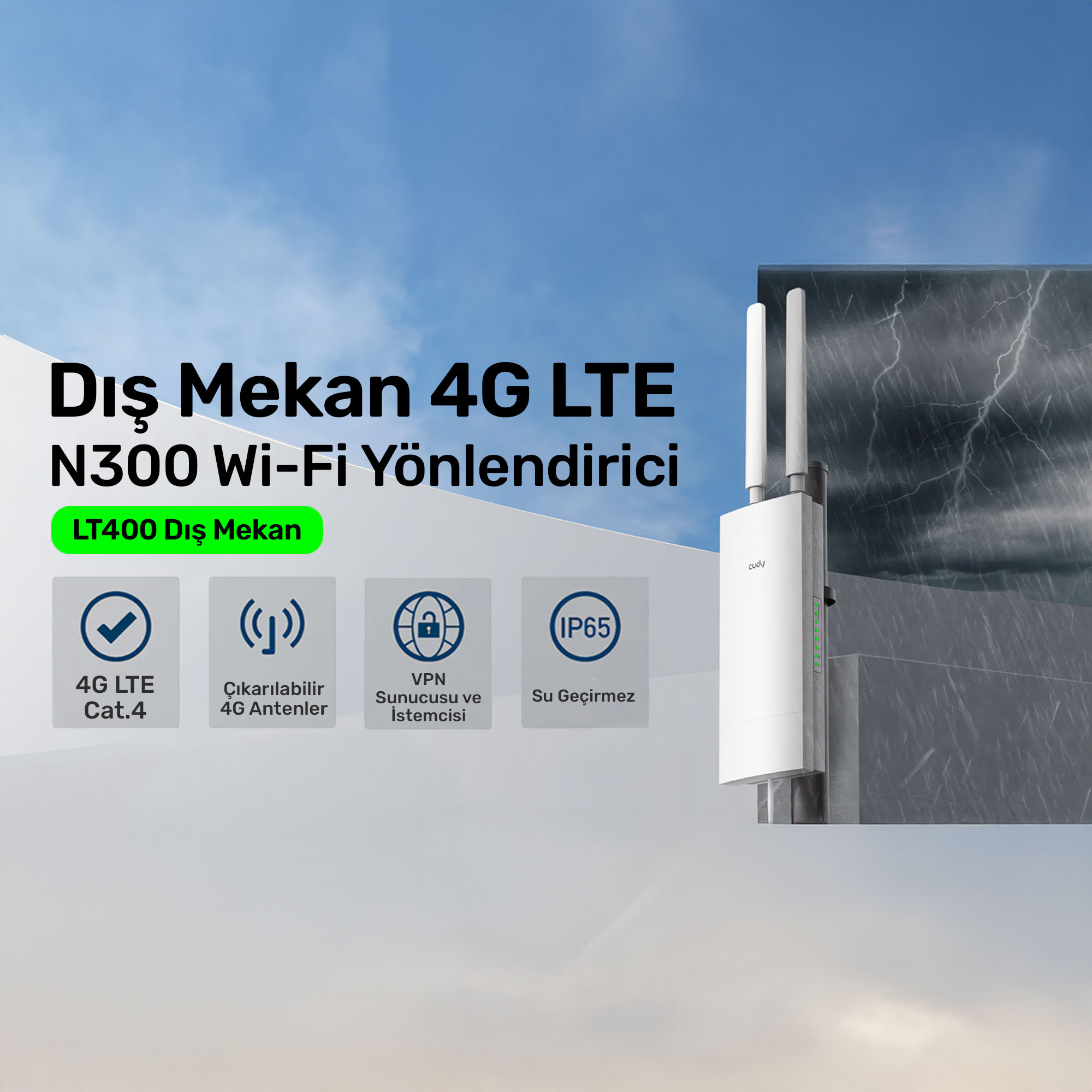 Biały zewnętrzny router Wi-Fi 4G LTE z antenami i certyfikatem IP65.