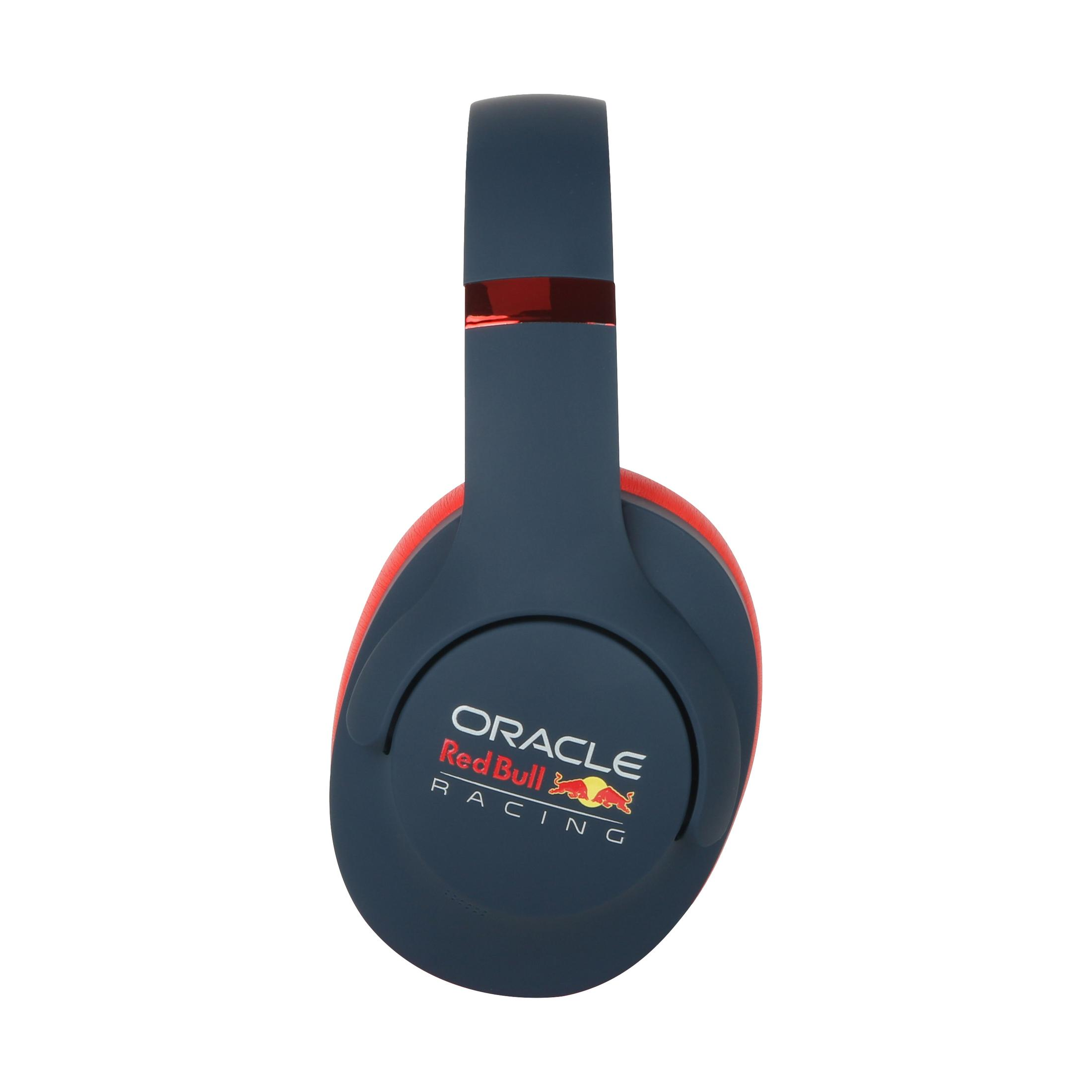 Cuffie blu scuro con accenti rossi e logo Red Bull Racing.