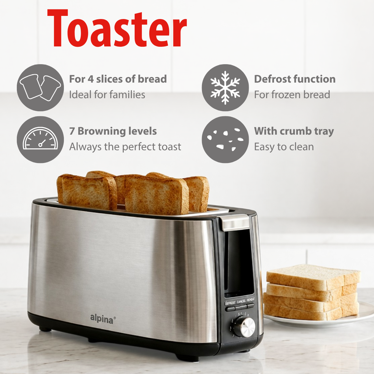 Ein silberner Toaster mit vier Scheiben Toast, daneben ein Brotteller.