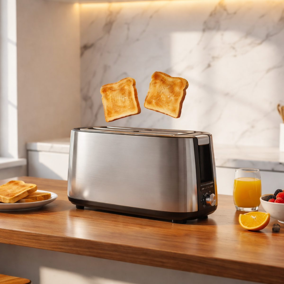 Ein silberner Toaster mit zwei perfekt gebräunten Brotscheiben, die aus dem Schlitz fliegen.