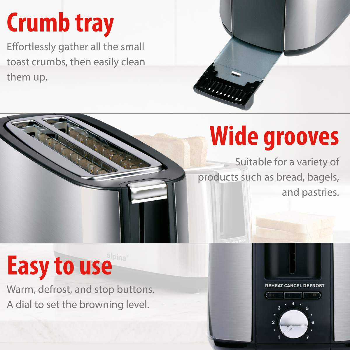 Edelstahl-Toaster mit Krümelschublade, breiten Schlitzen und Bedienelementen.