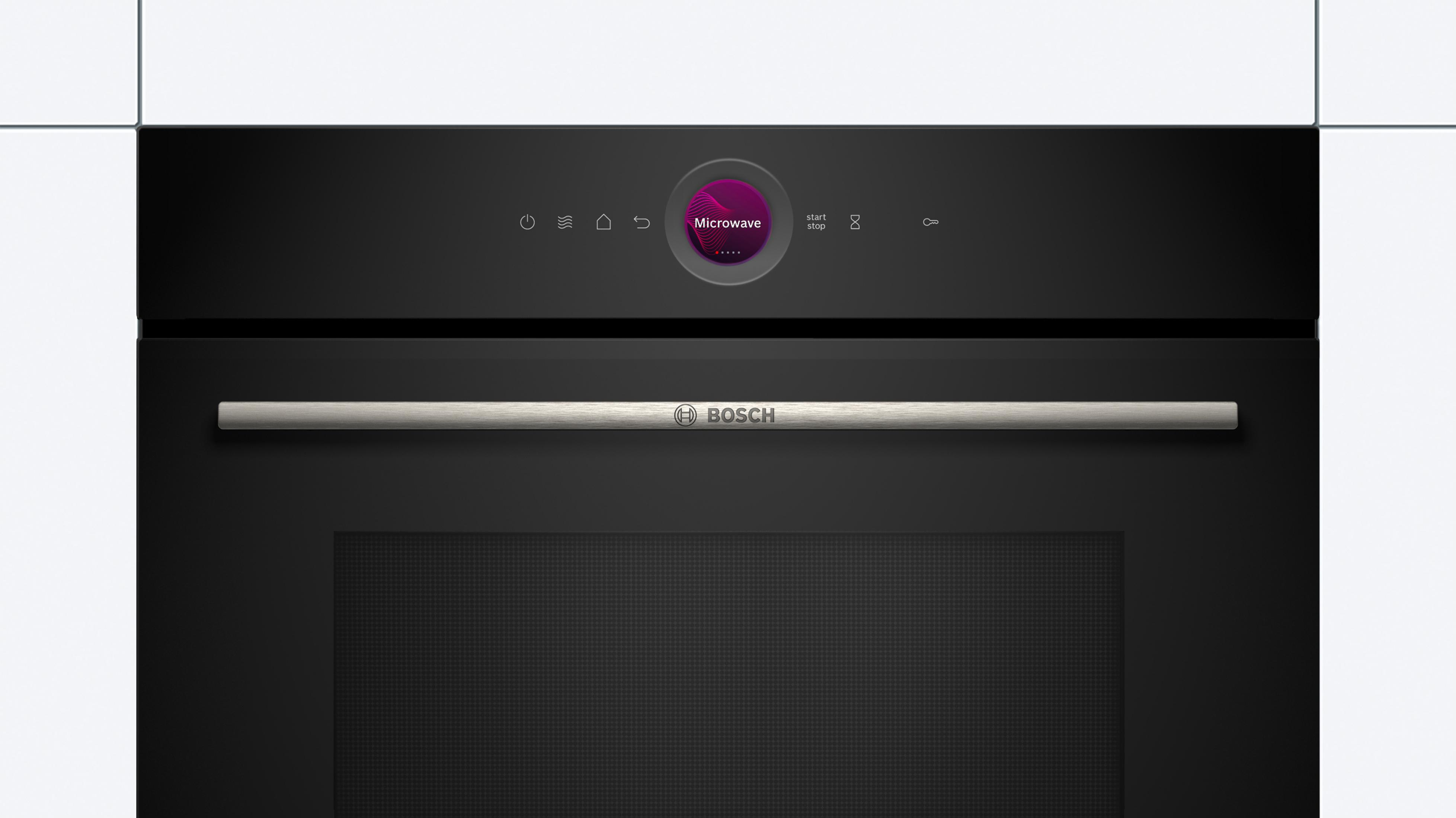 Modern black built-in oven with touch screen controls and Bosch logo.