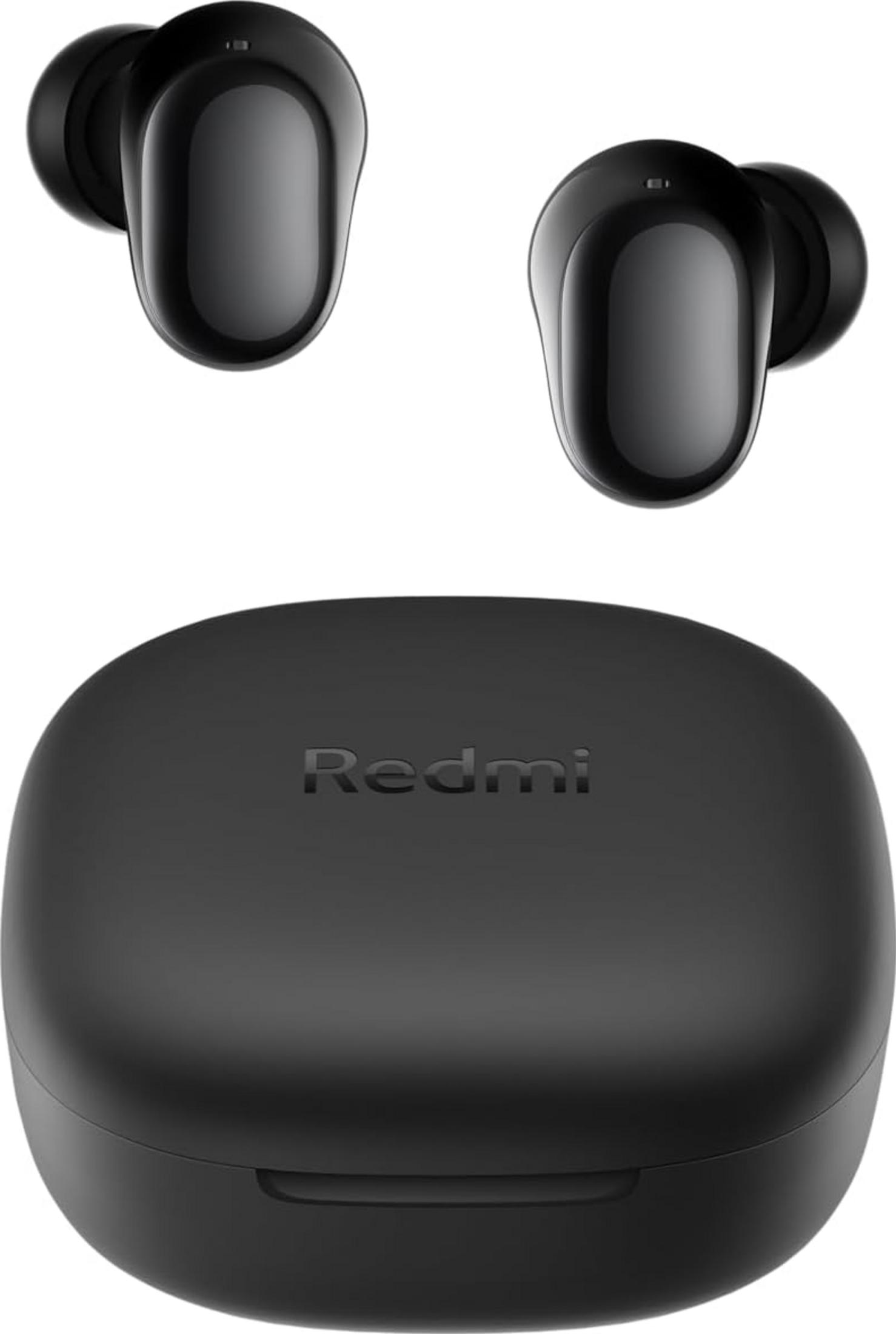 Auriculares inalámbricos negros con estuche de carga, logo "Redmi".