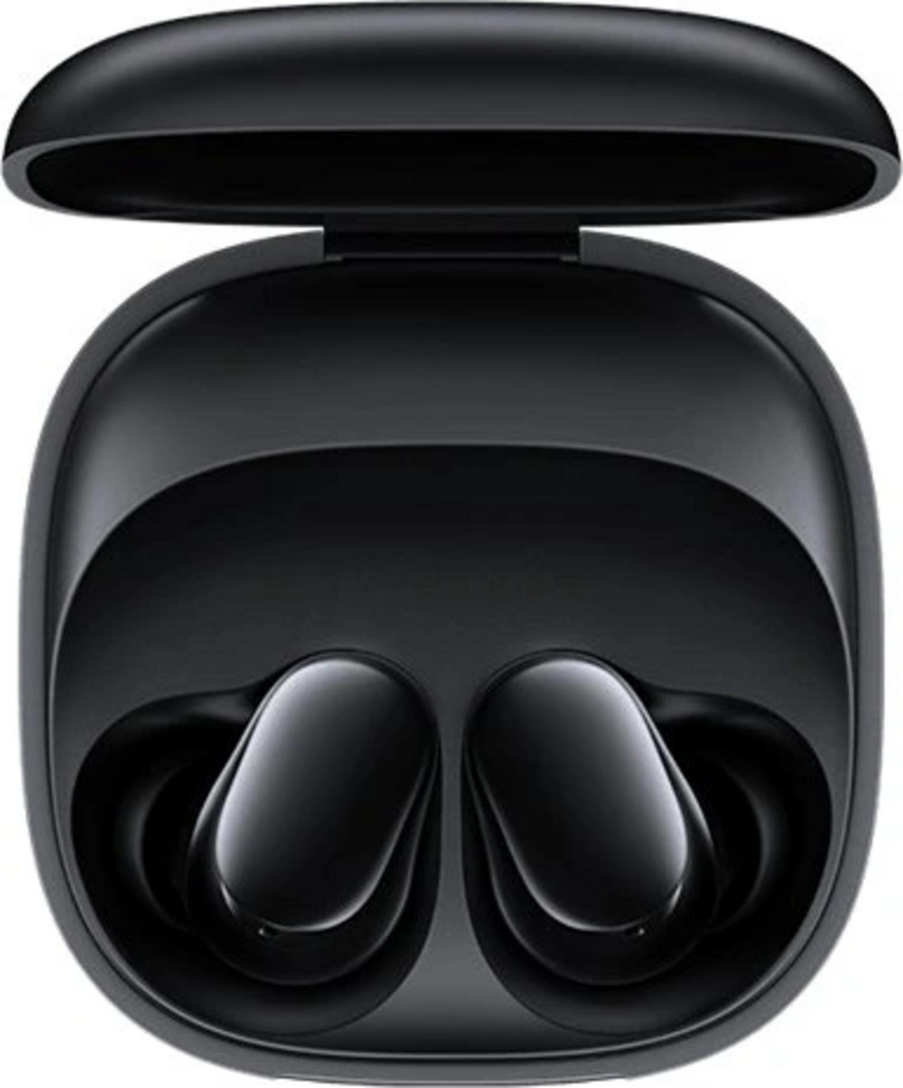 Auriculares inalámbricos negros dentro de un estuche de carga abierto.