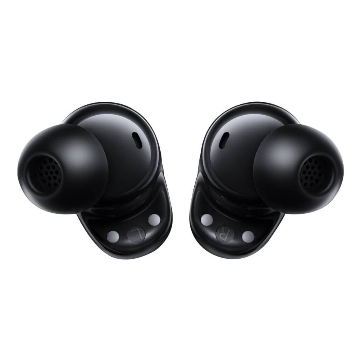 Dos auriculares inalámbricos negros con contactos de carga y rejillas.