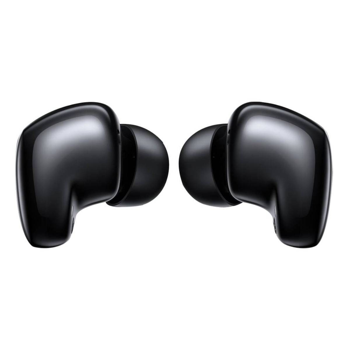 Dos auriculares inalámbricos negros brillantes sobre fondo blanco.