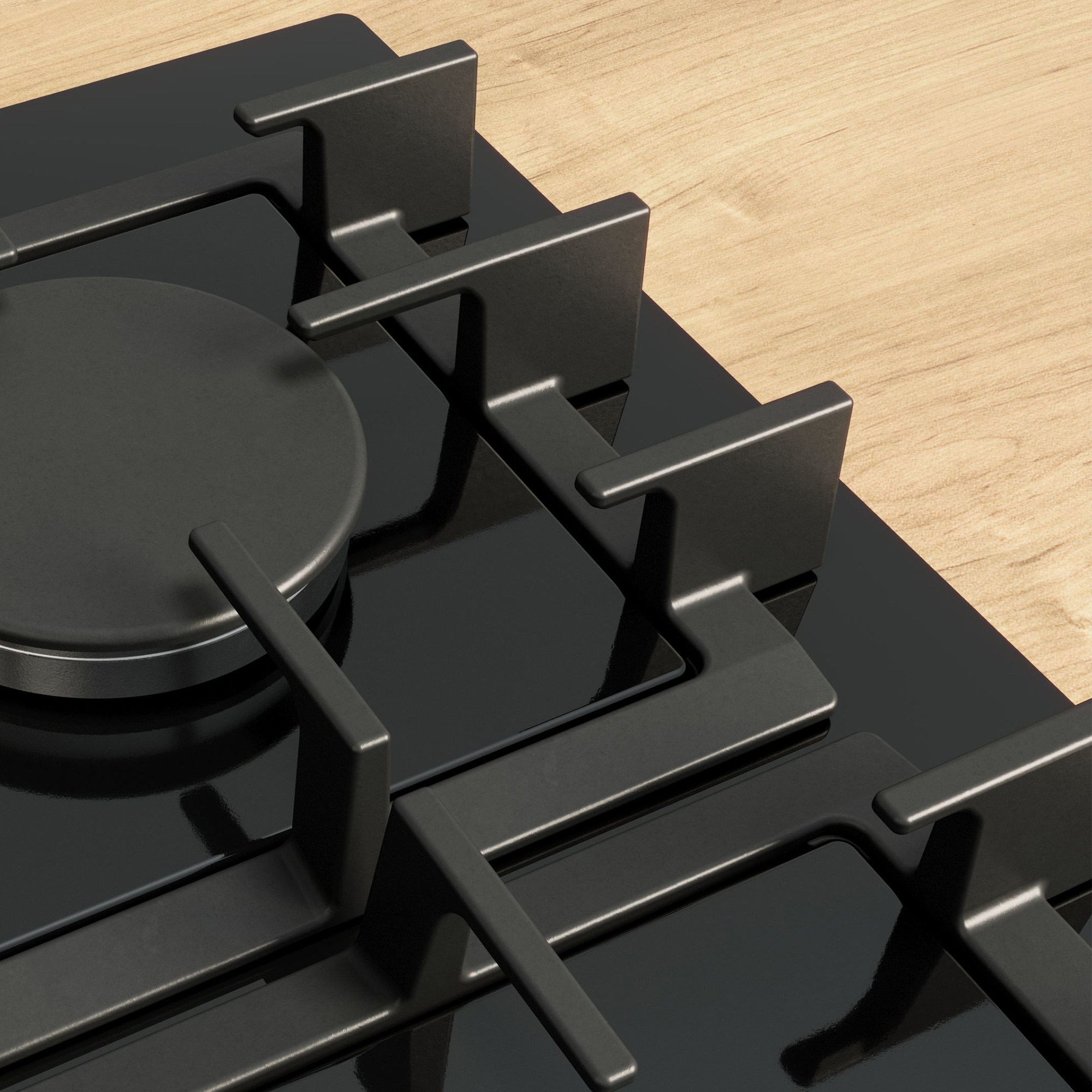 Czarna płyta gazowa z drewnianym blatem i metalowymi rusztami.