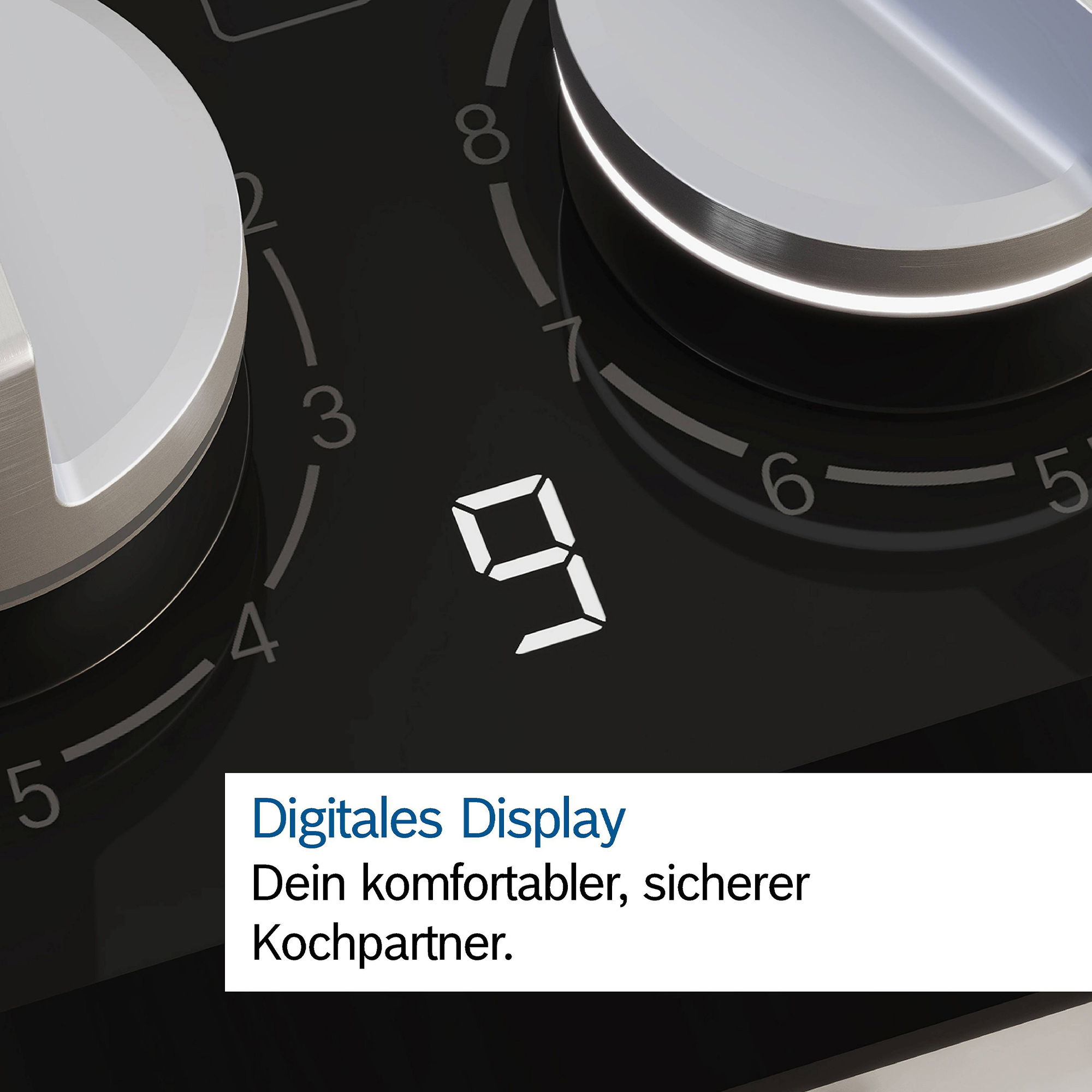 Wyświetlacz cyfrowy z poziomami gotowania 1-9 i pokrętłami na czarnej kuchence.