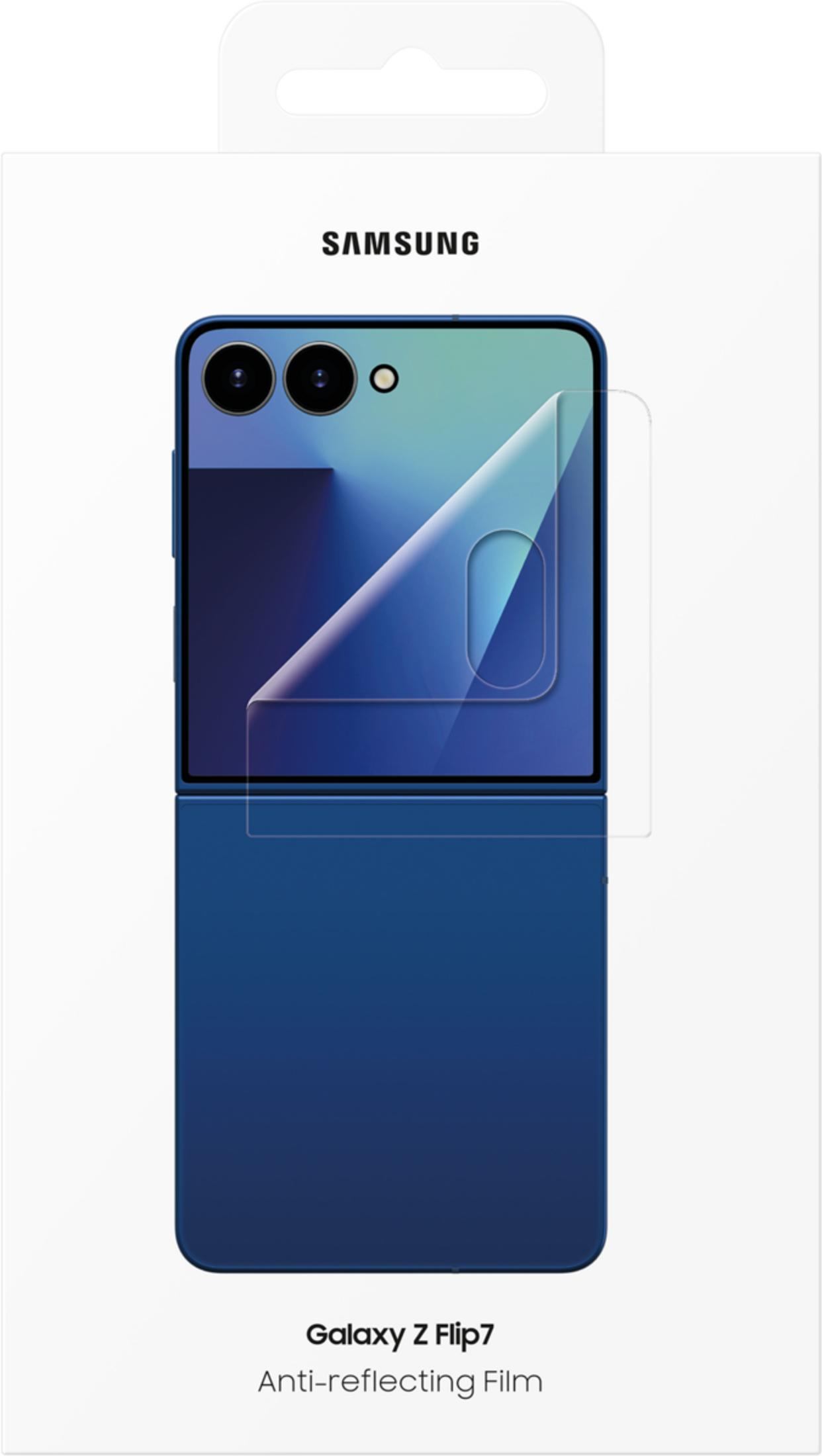 Confezione Samsung Galaxy Z Flip7 Pellicola Antiriflesso con telefono blu.