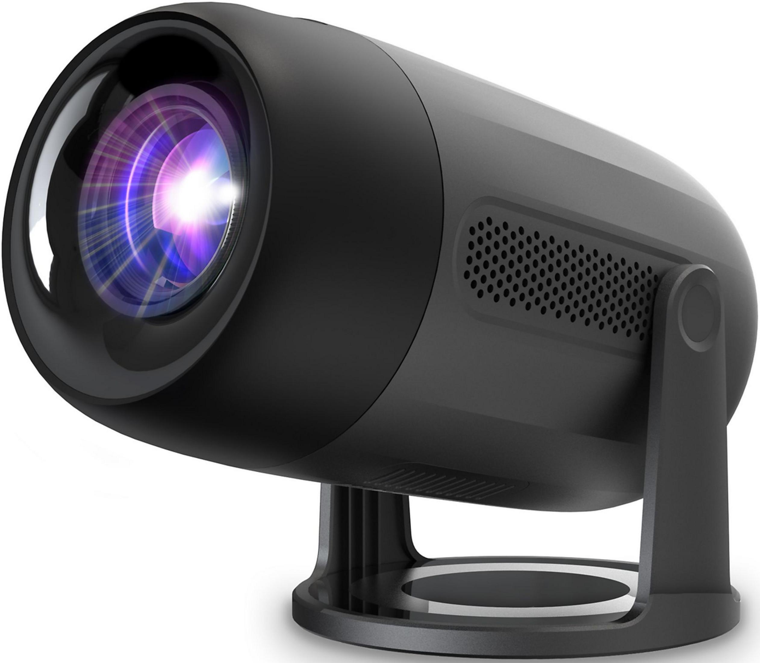A black projector with lens and stand is shown against a white background.