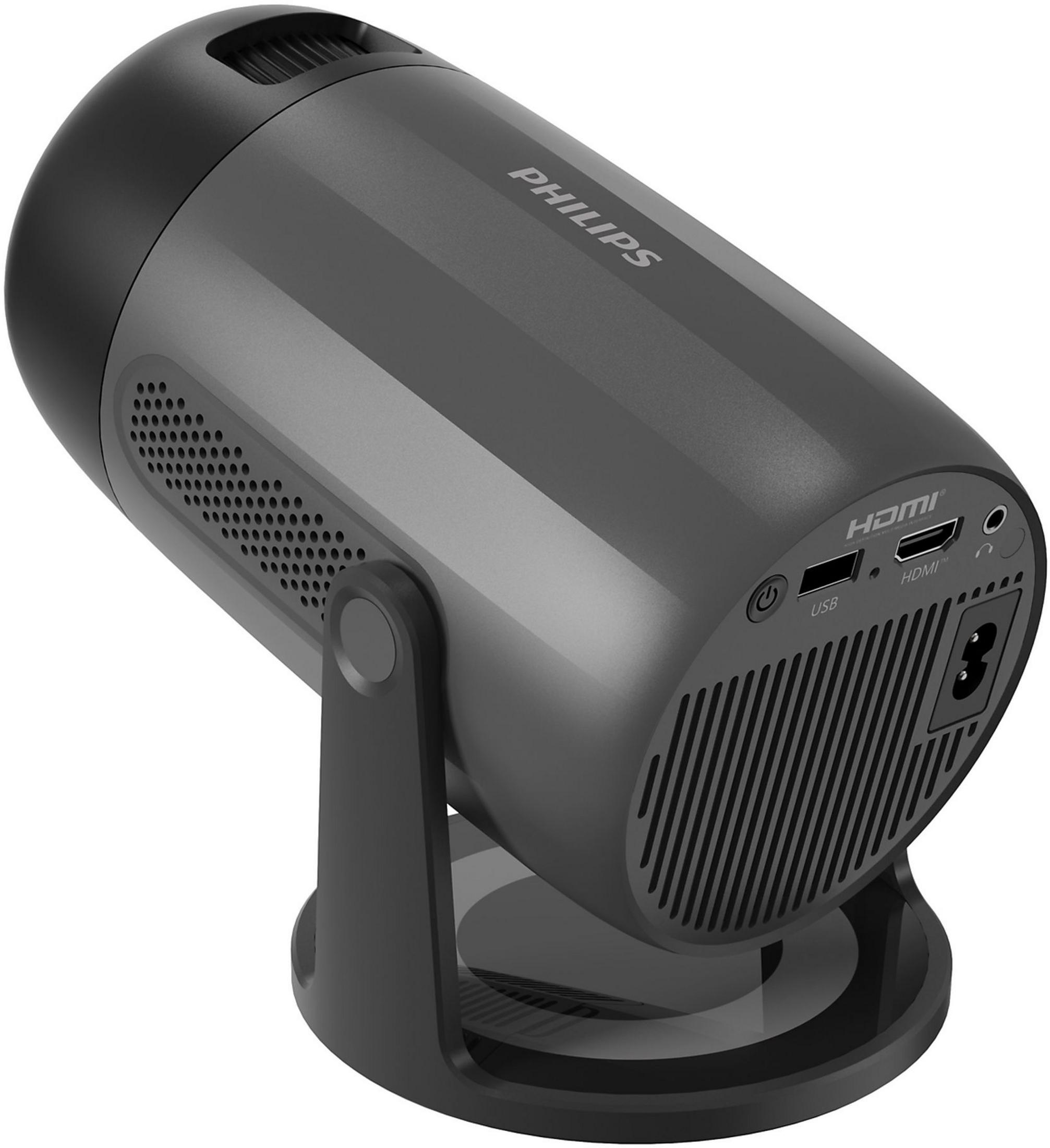 A compact, dark Philips projector on a stand, featuring HDMI and USB ports.